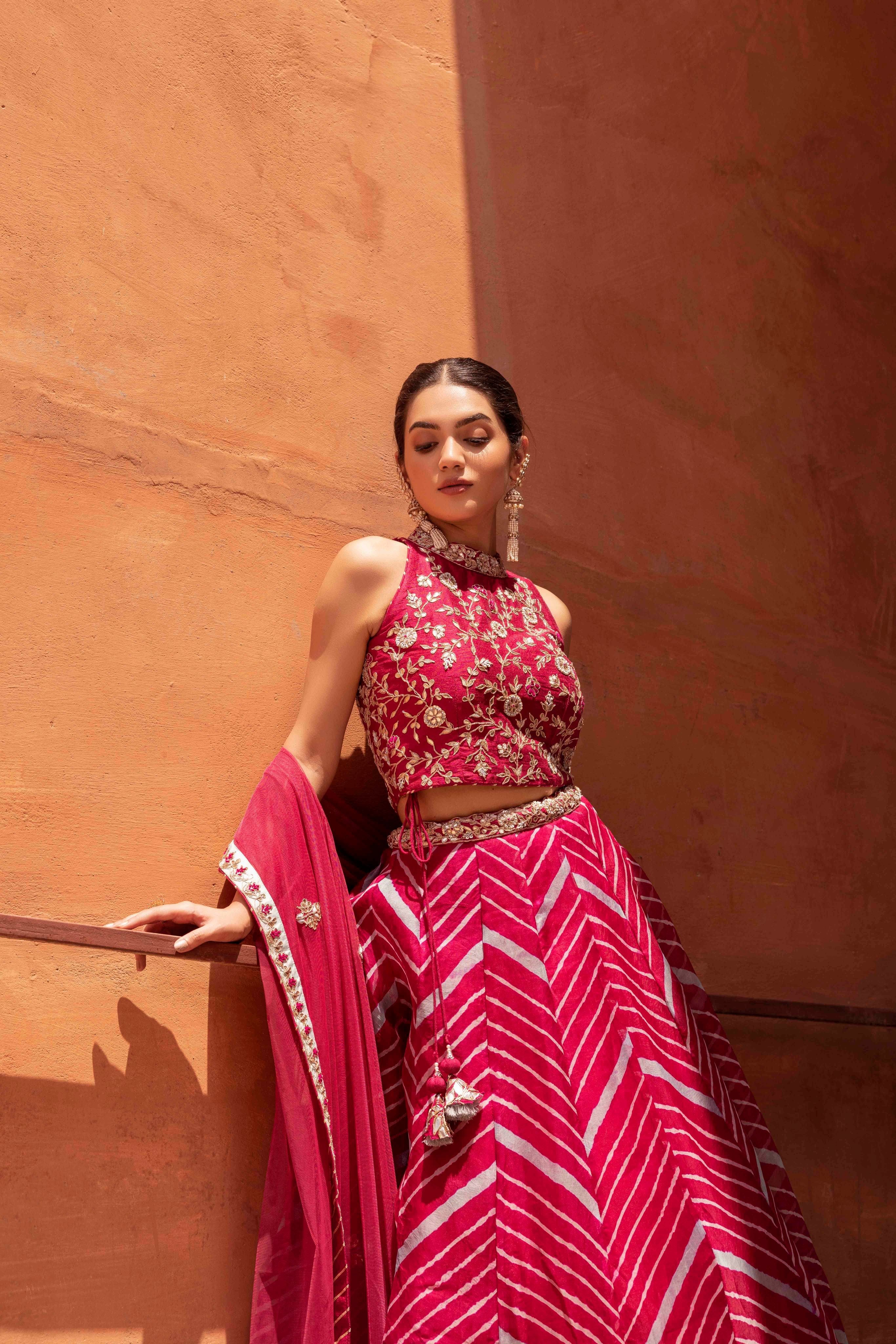 Leheriya Organza Lehenga with Gota Patti work.