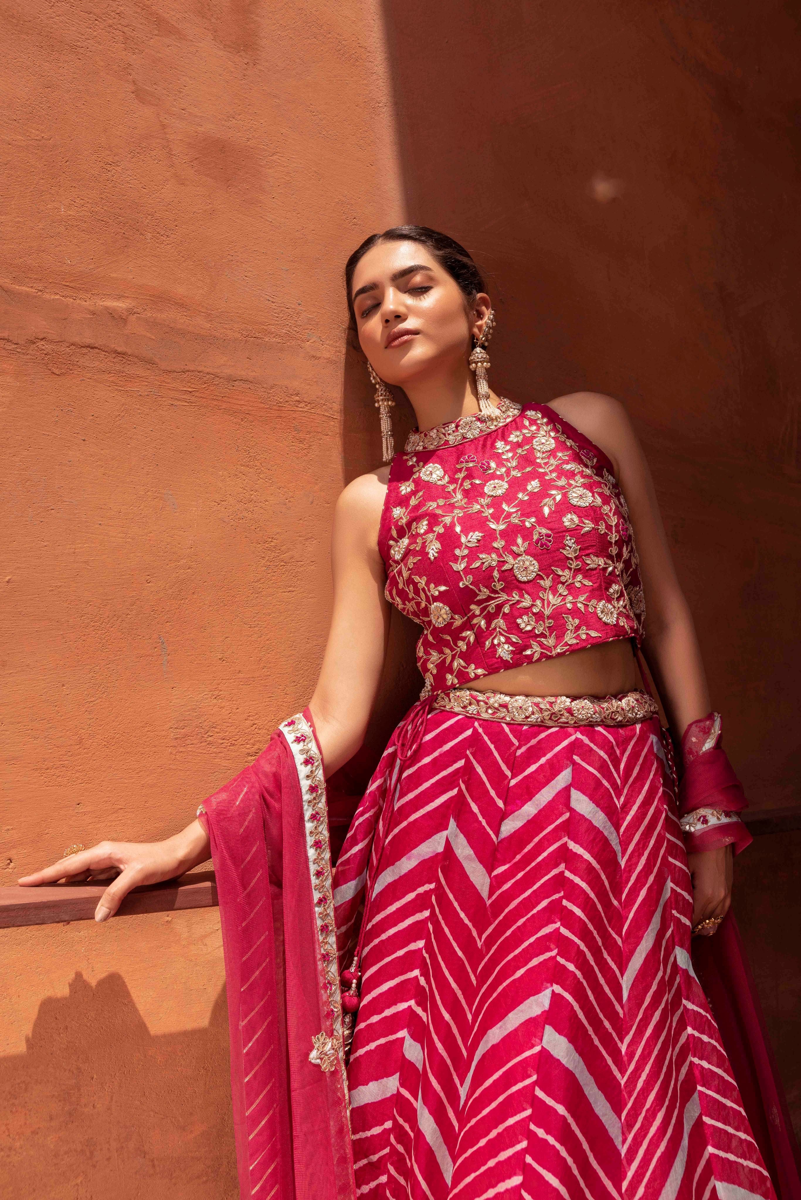 Leheriya Organza Lehenga with Gota Patti work.