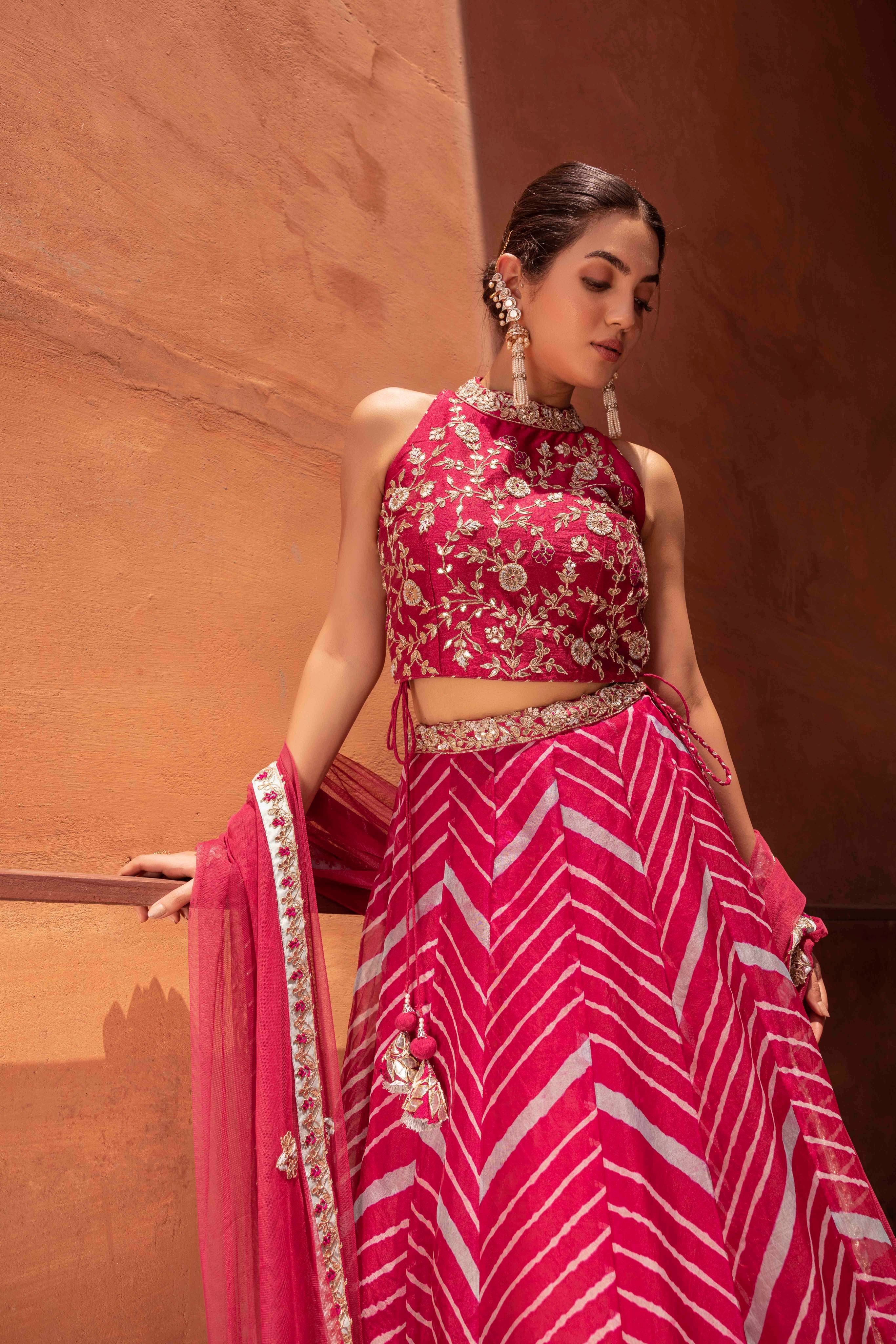 Leheriya Organza Lehenga with Gota Patti work.