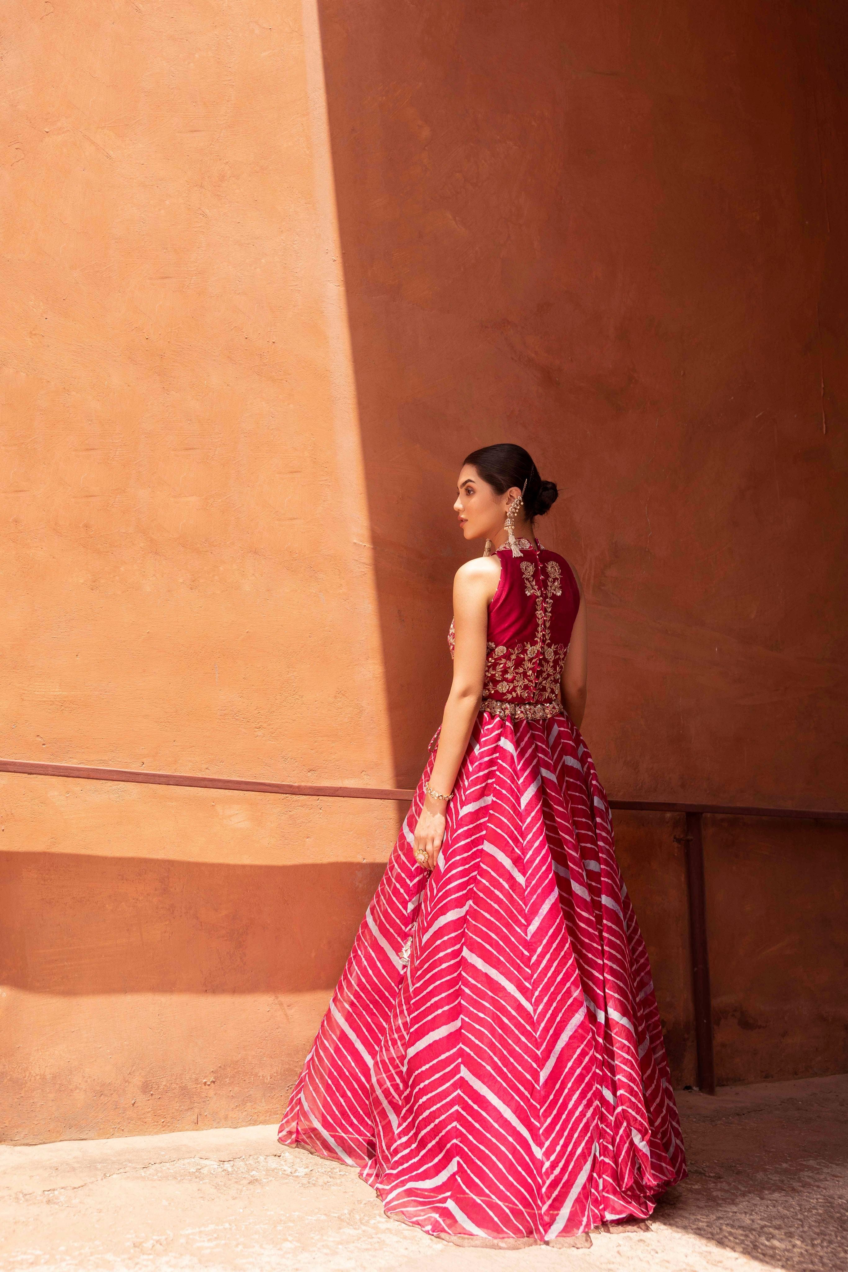 Leheriya Organza Lehenga with Gota Patti work.