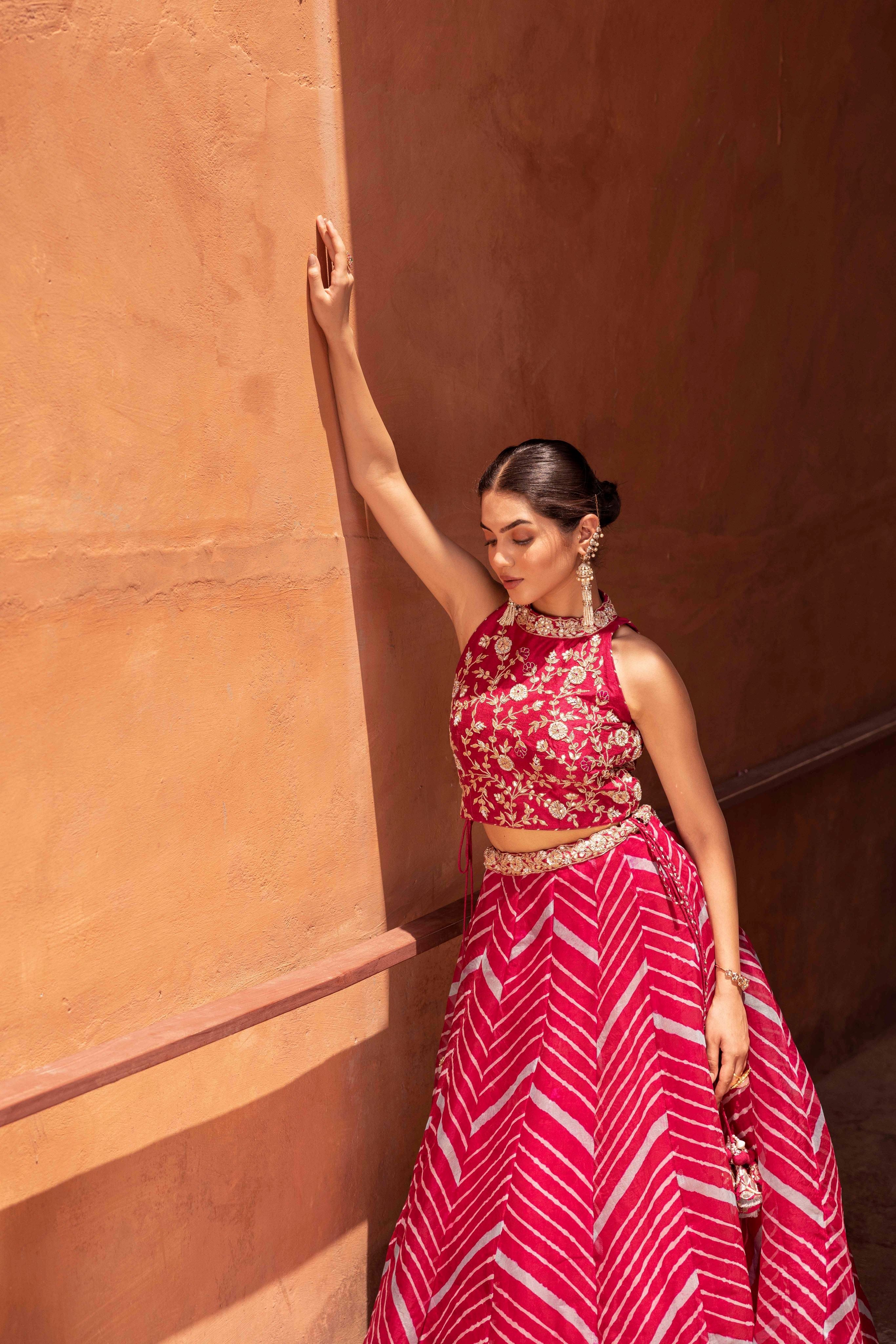 Leheriya Organza Lehenga with Gota Patti work.