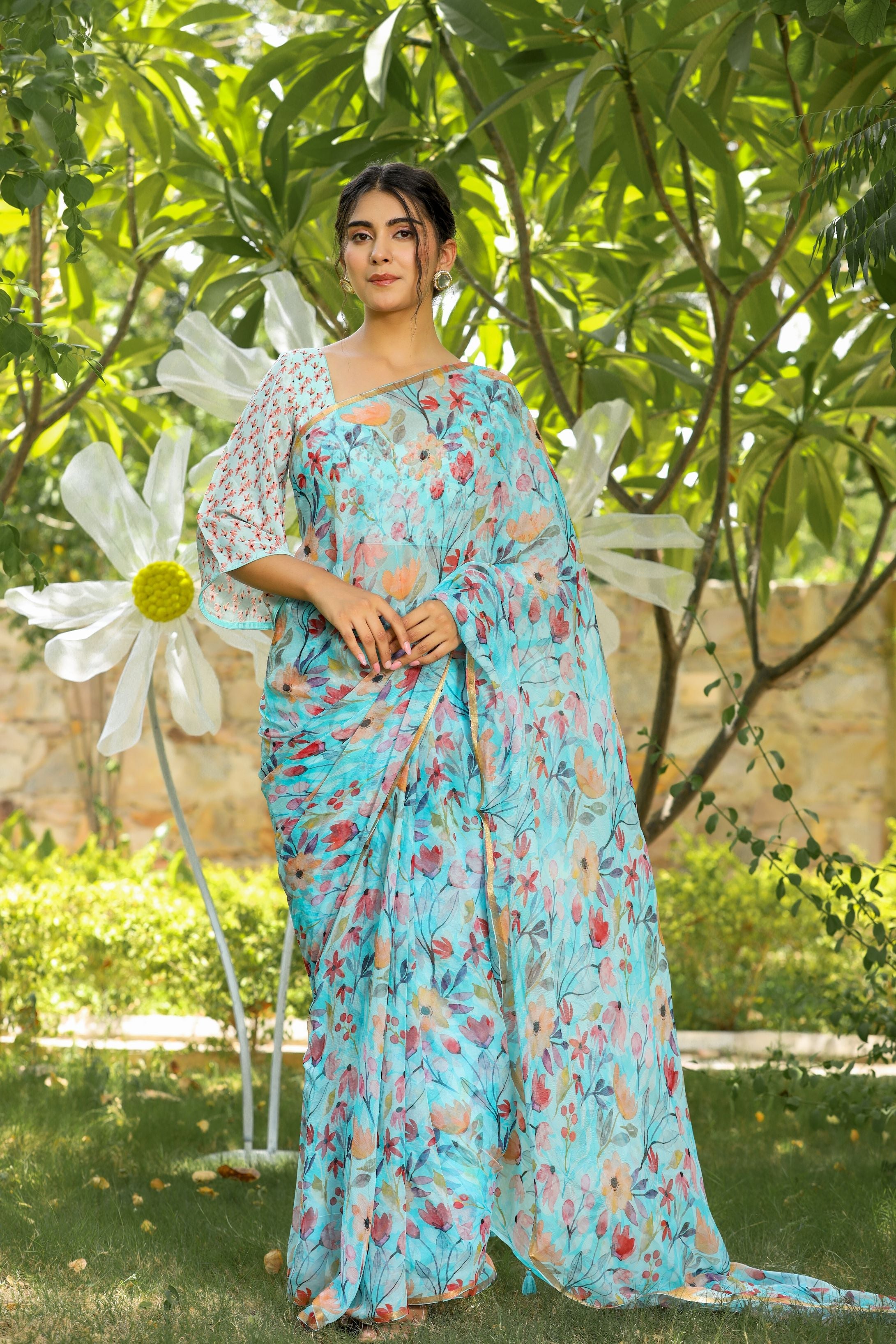 Digital Floral Printed Chiffon Saree