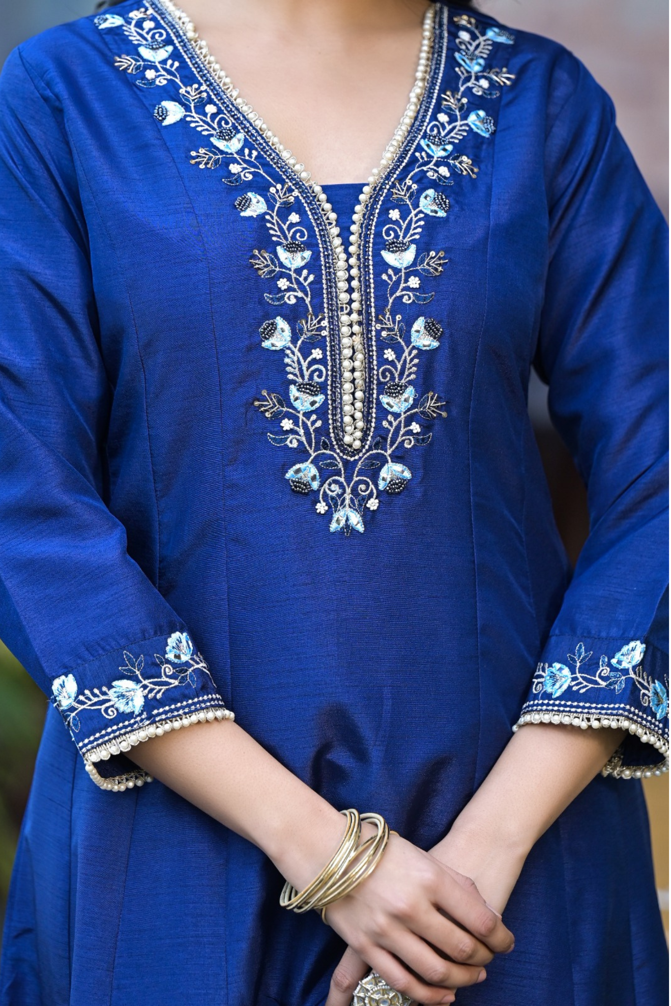 Silk Anarkali Kurta Set with Pearl and Embroidered work