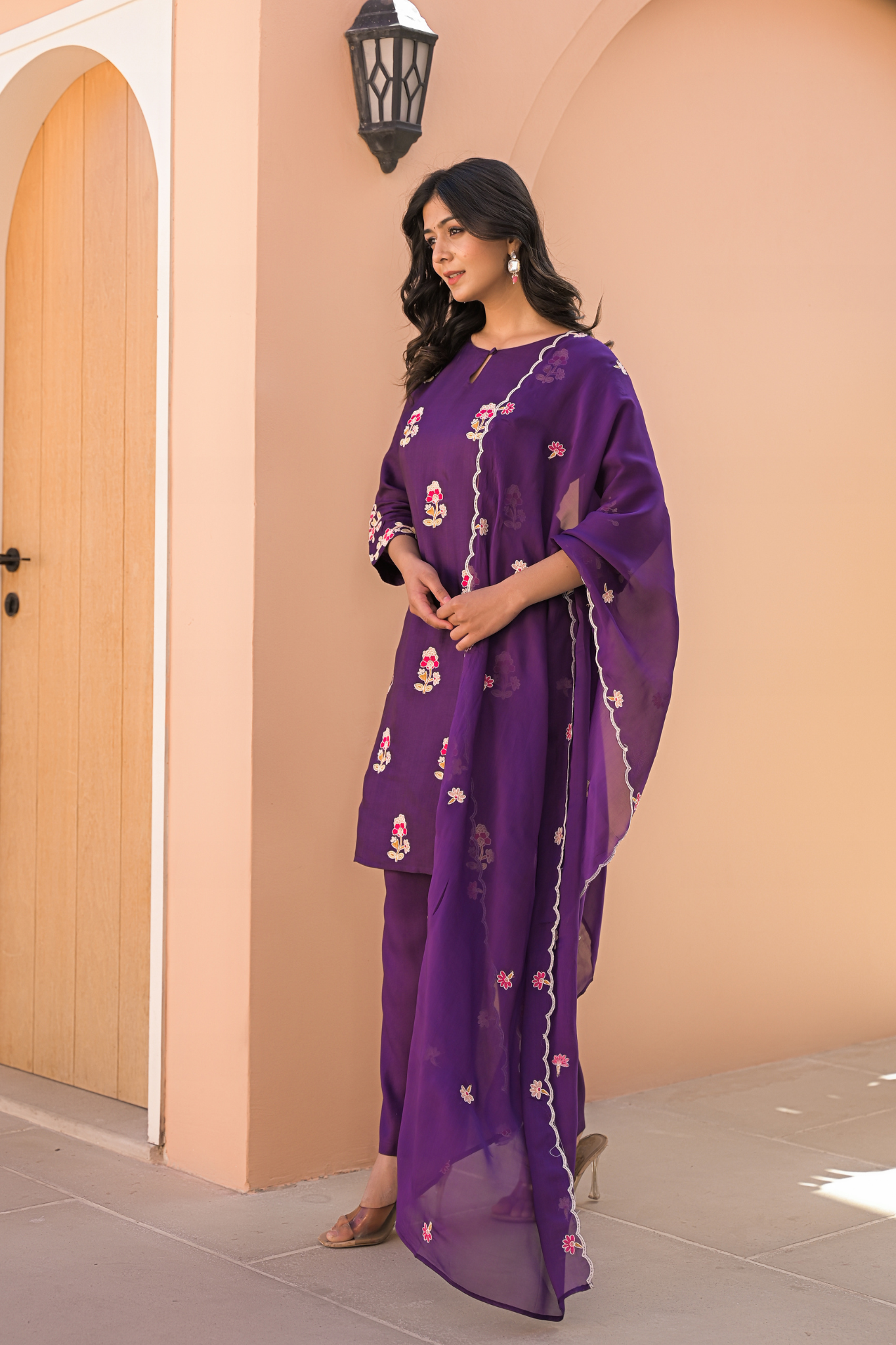 Silk Blend Kurta Stitched Set (3Pc) with Thread Work