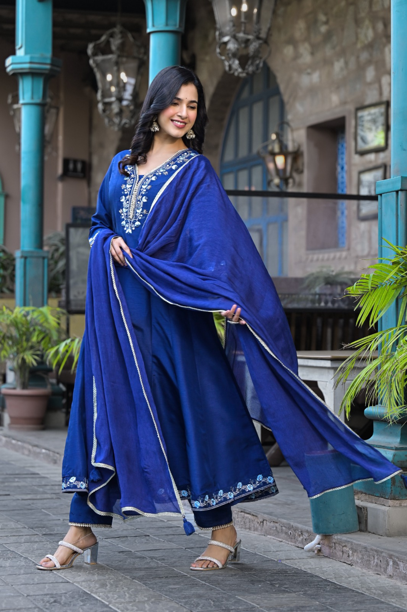 Silk Anarkali Kurta Set with Pearl and Embroidered work