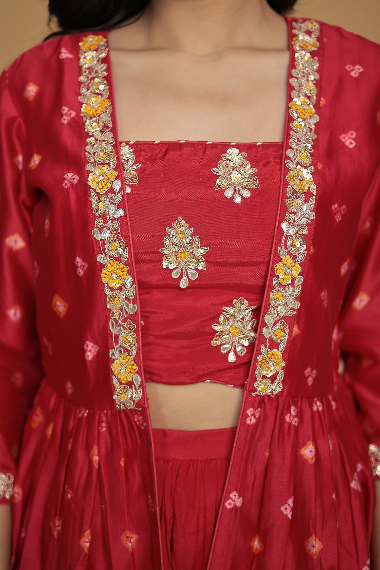 Bandhej Jacket Style Chanderi Indo Western with Gota Patti work.