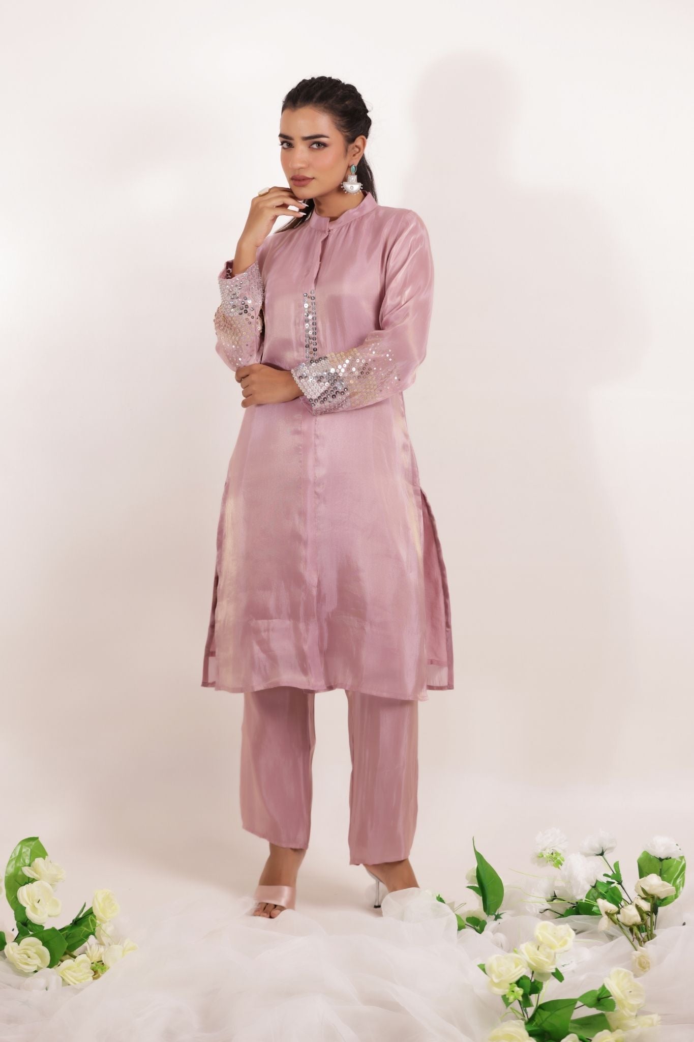 Tissue Kurta Set Stitched Embellished with Sequins work