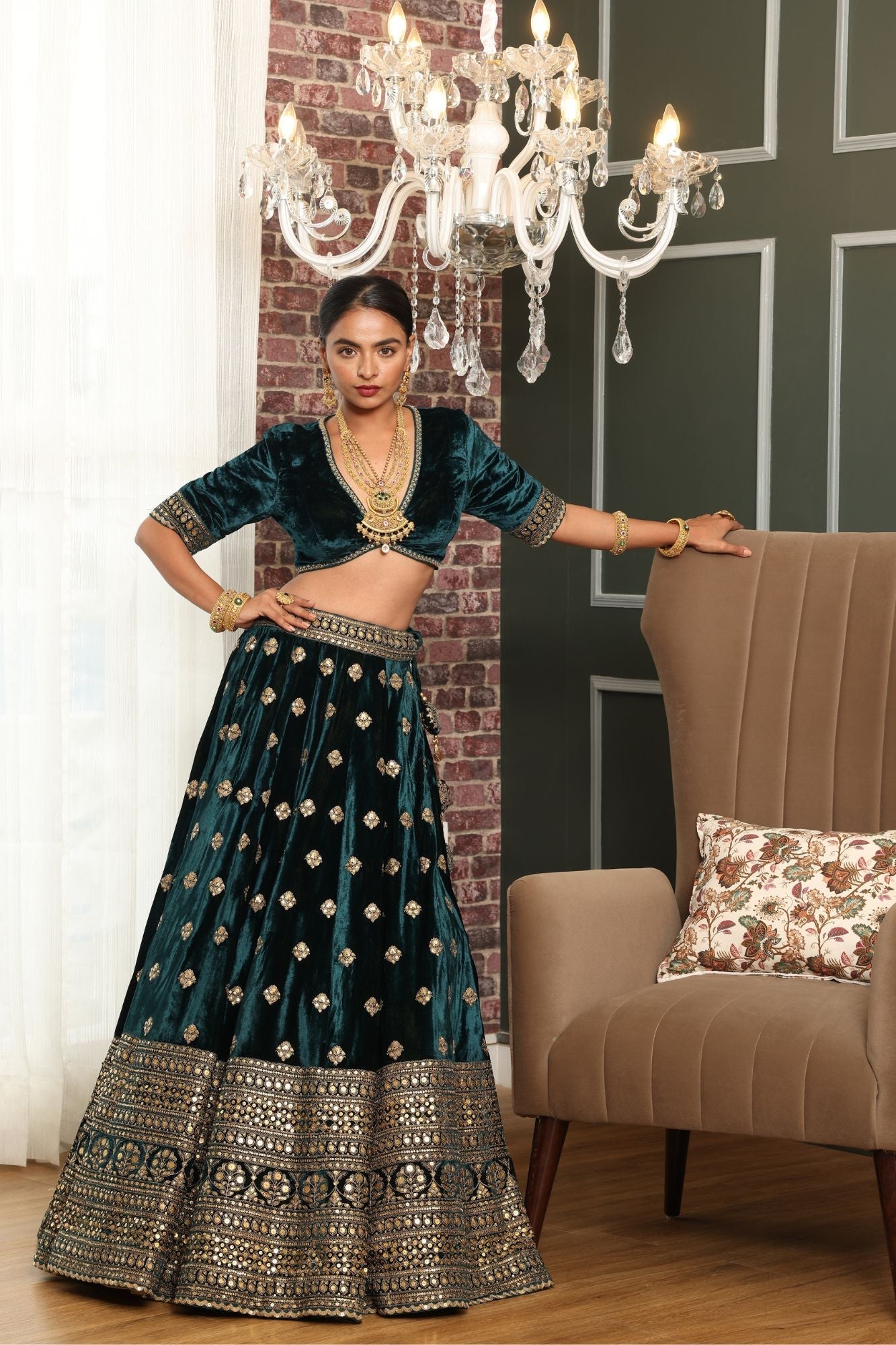 Embroidered Velvet Lehenga with Dori and Sequins work