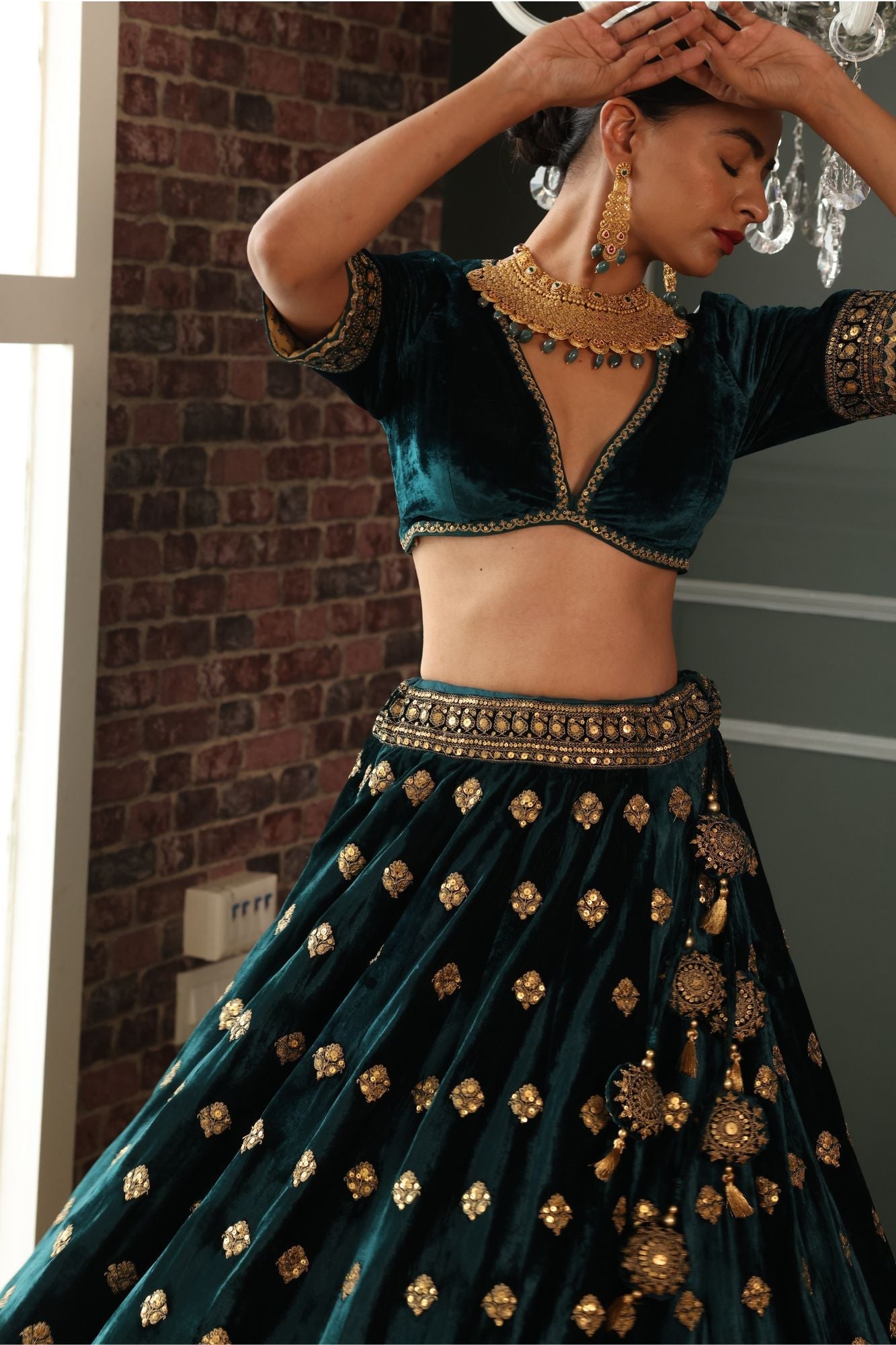 Embroidered Velvet Lehenga with Dori and Sequins work