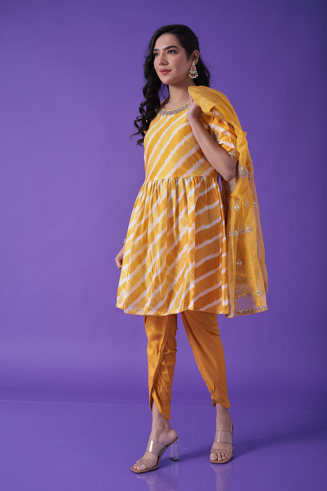 Peplum Leheriya Organza Suit Embroidered with Gota Patti work