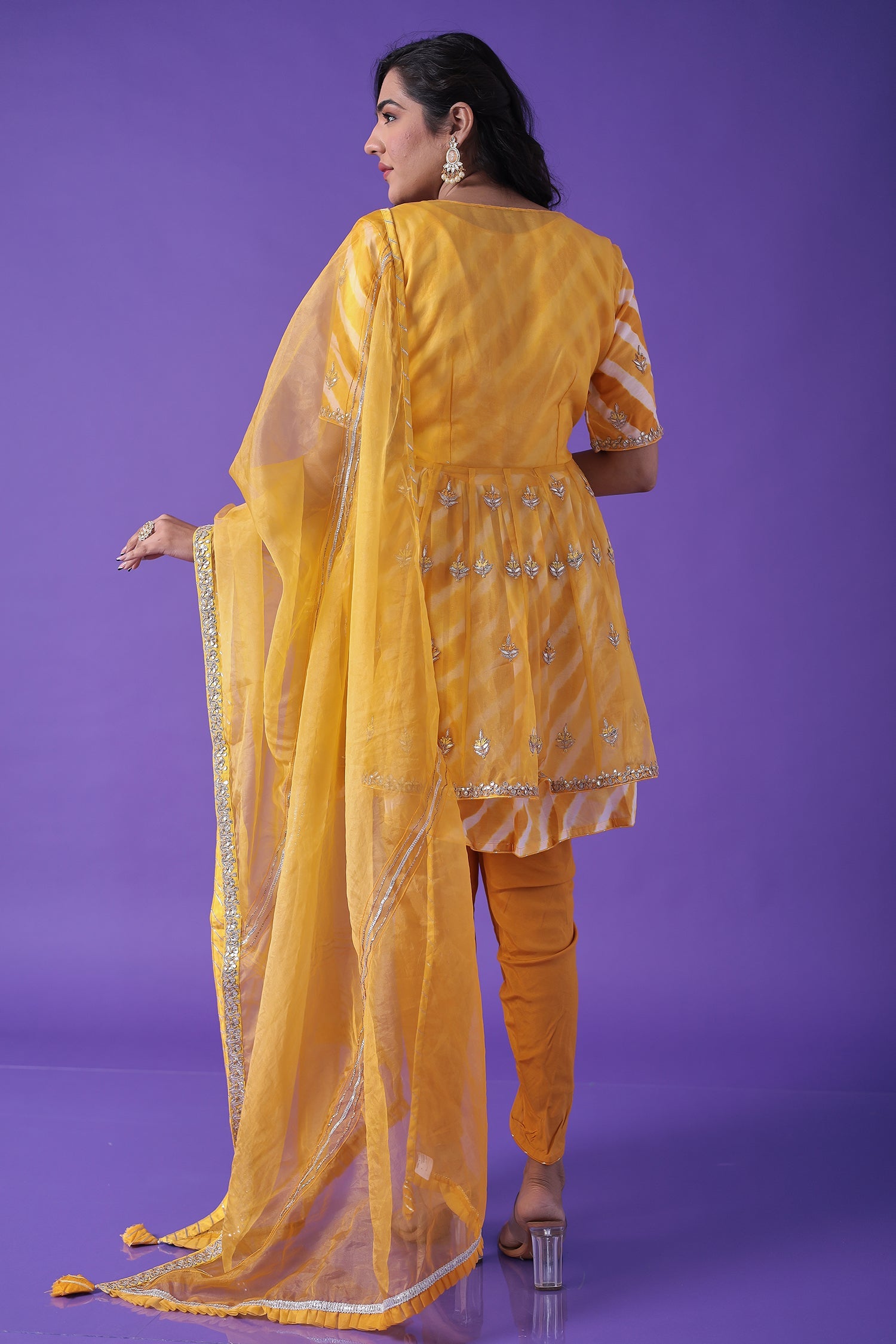 Peplum Leheriya Organza Suit Embroidered with Gota Patti work