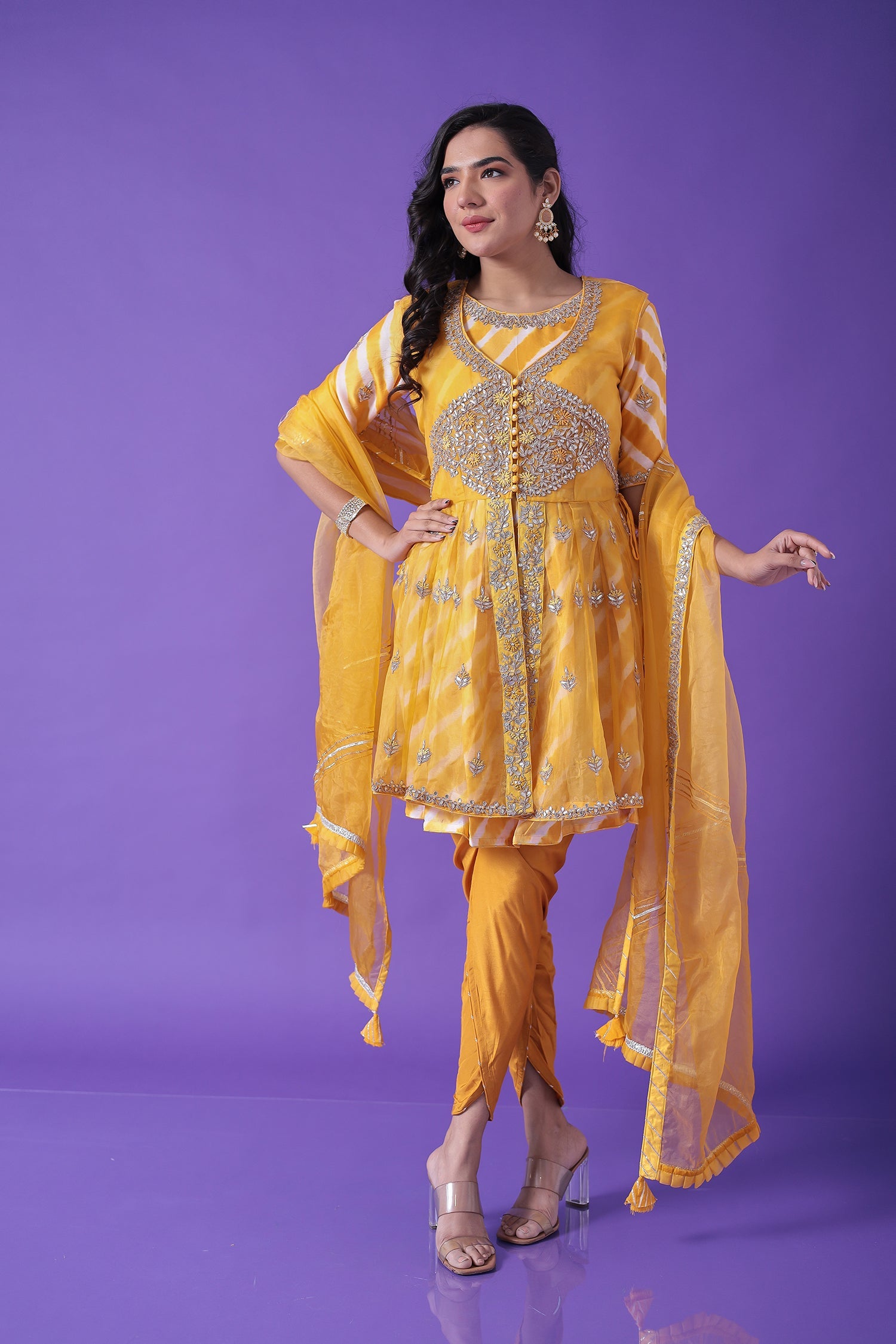 Peplum Leheriya Organza Suit Embroidered with Gota Patti work