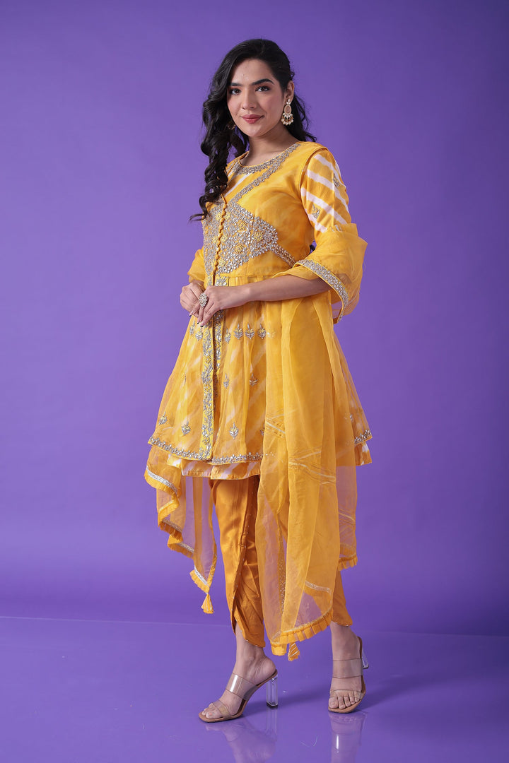Peplum Leheriya Organza Suit Embroidered with Gota Patti work