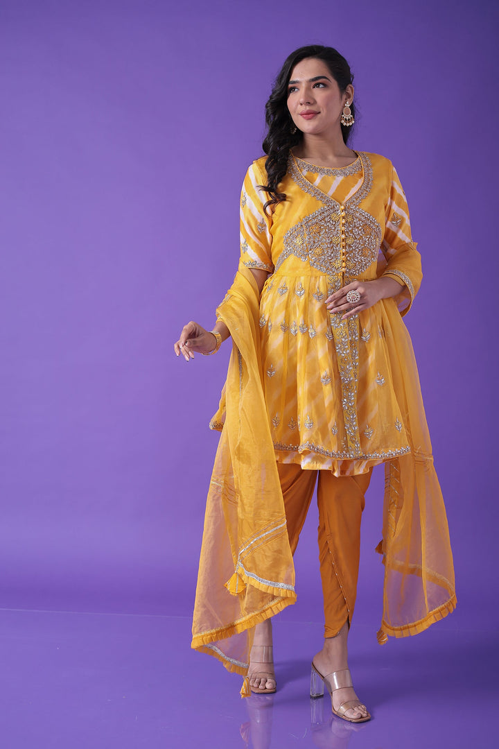 Peplum Leheriya Organza Suit Embroidered with Gota Patti work