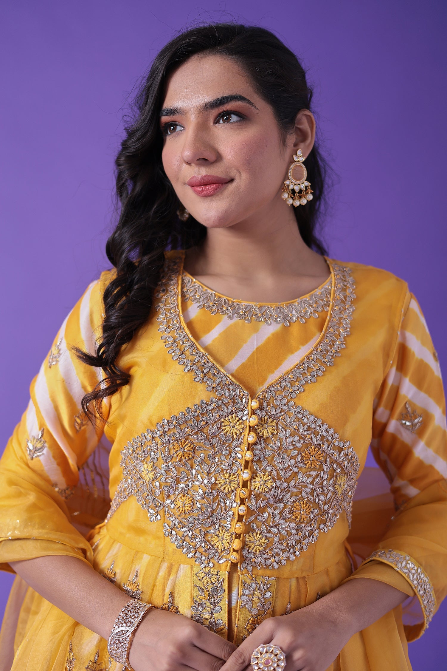 Peplum Leheriya Organza Suit Embroidered with Gota Patti work