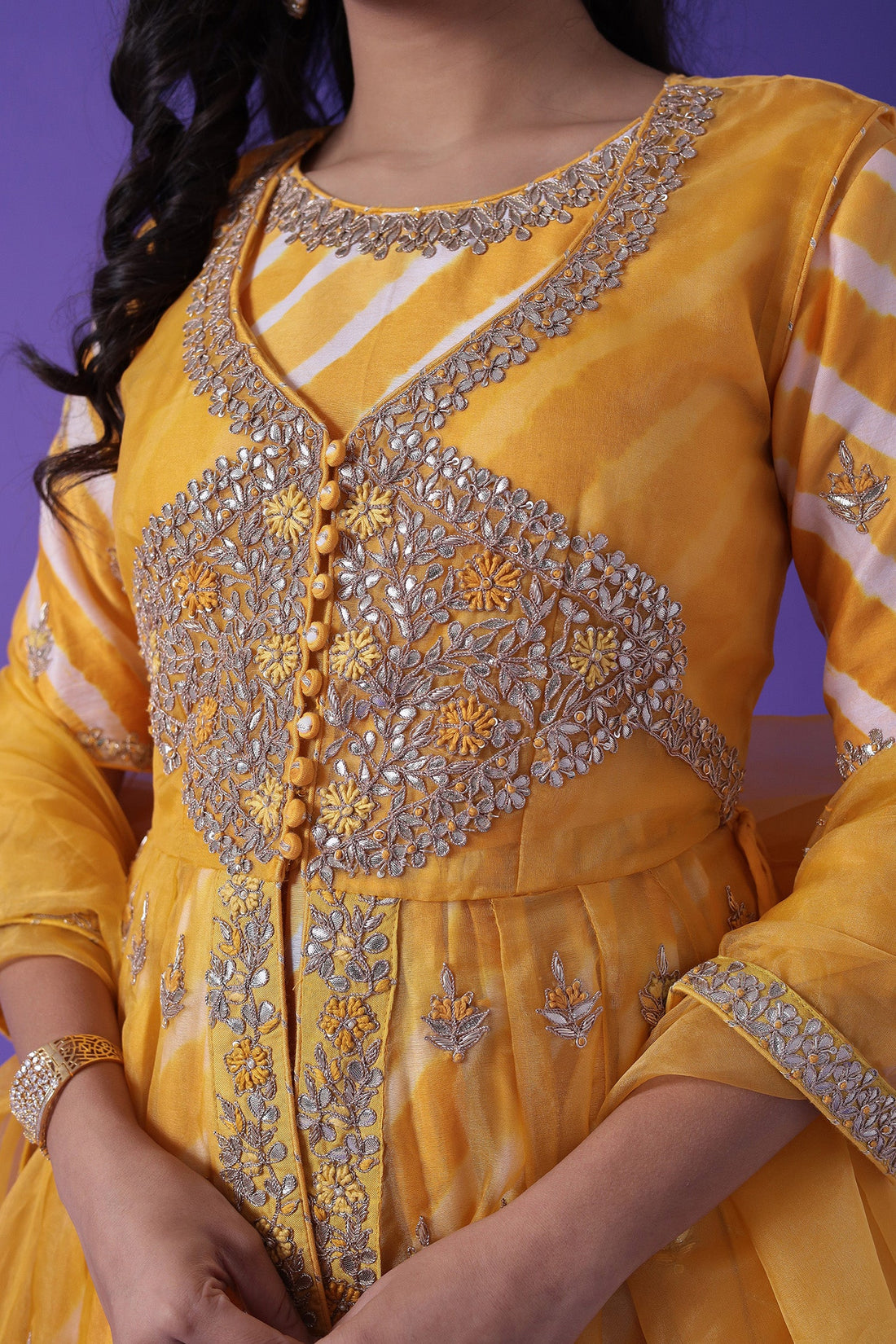 Peplum Leheriya Organza Suit Embroidered with Gota Patti work