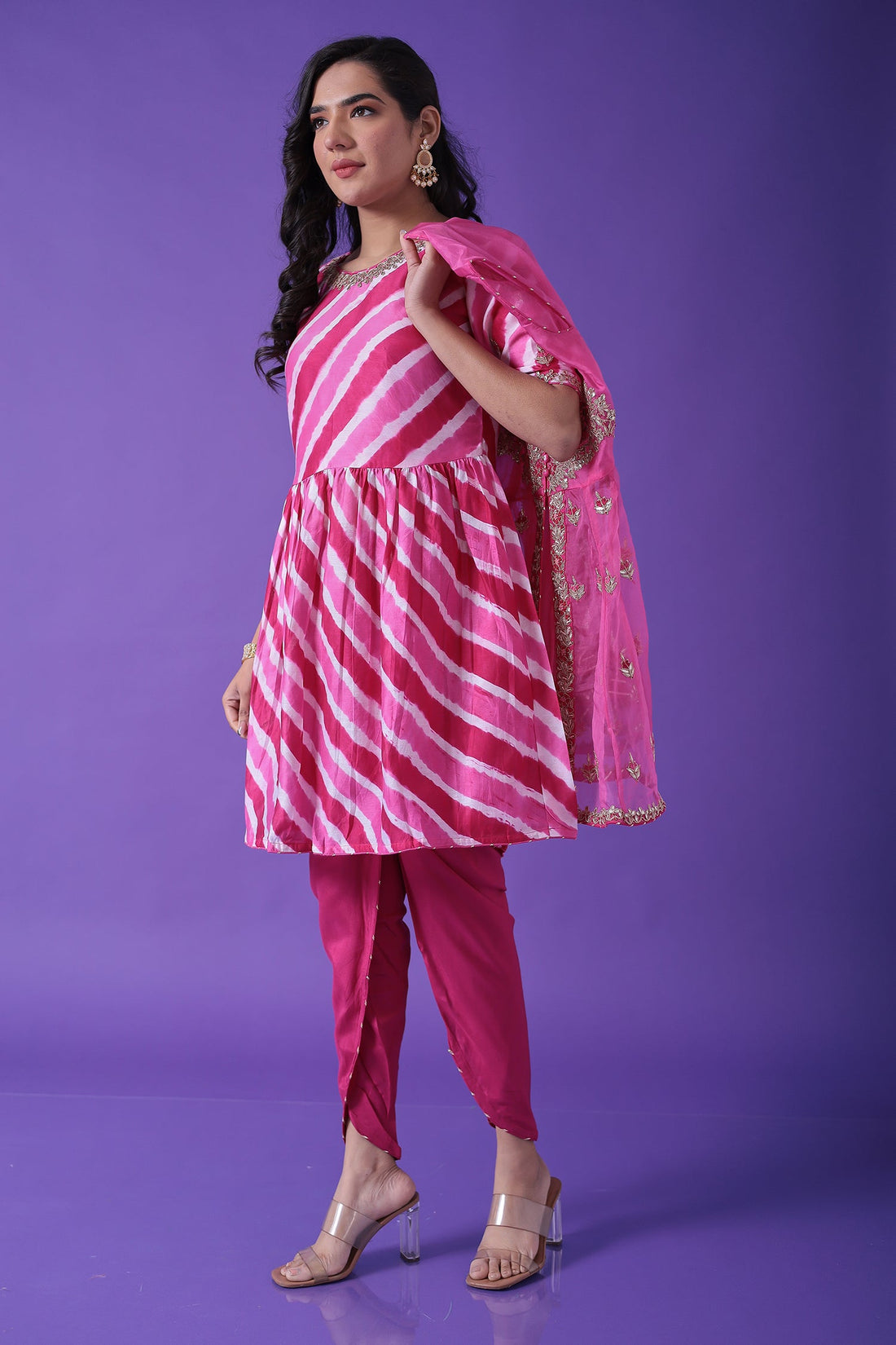 Peplum Leheriya Organza Suit Embroidered with Gota Patti work