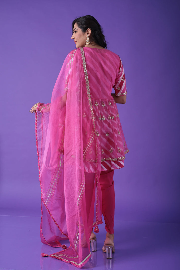 Peplum Leheriya Organza Suit Embroidered with Gota Patti work