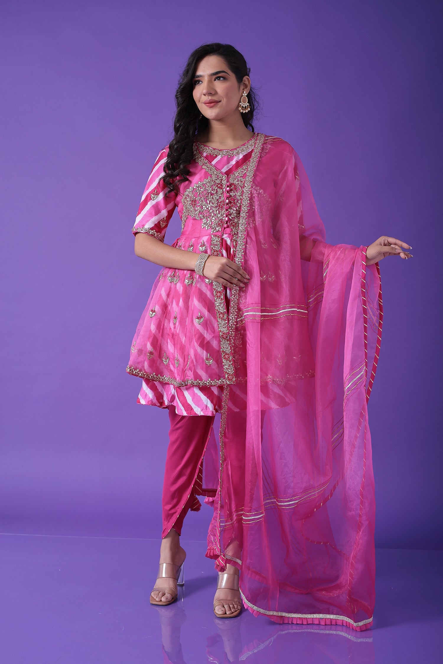 Peplum Leheriya Organza Suit Embroidered with Gota Patti work