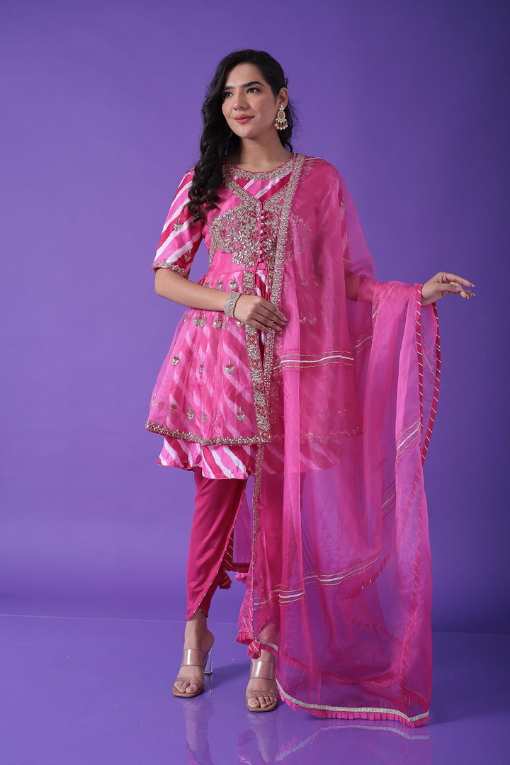 Peplum Leheriya Organza Suit Embroidered with Gota Patti work