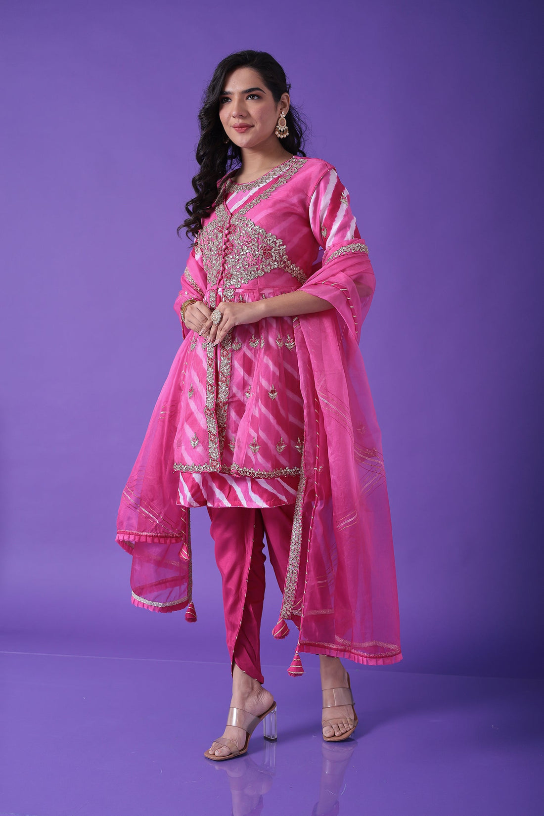 Peplum Leheriya Organza Suit Embroidered with Gota Patti work
