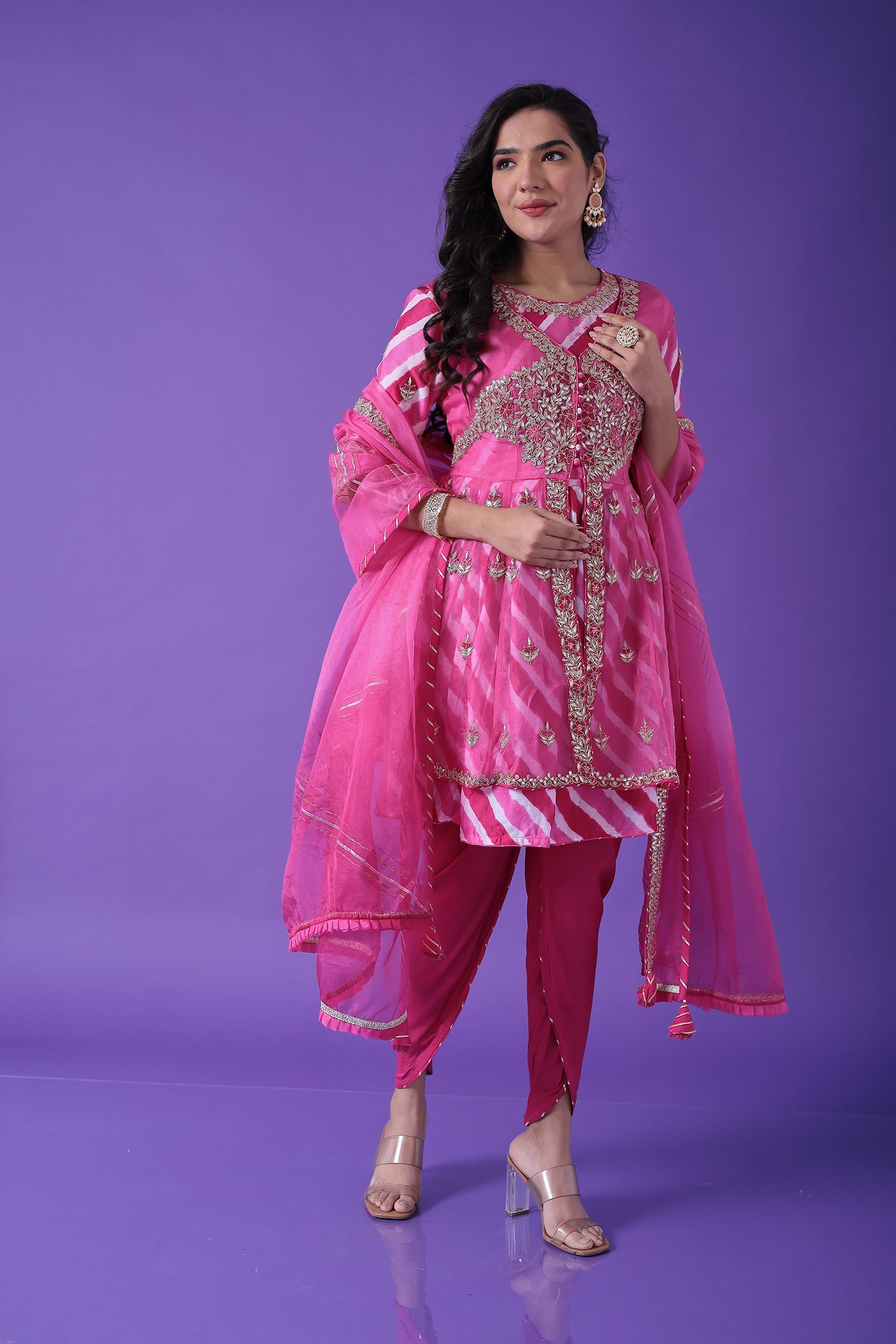 Peplum Leheriya Organza Suit Embroidered with Gota Patti work