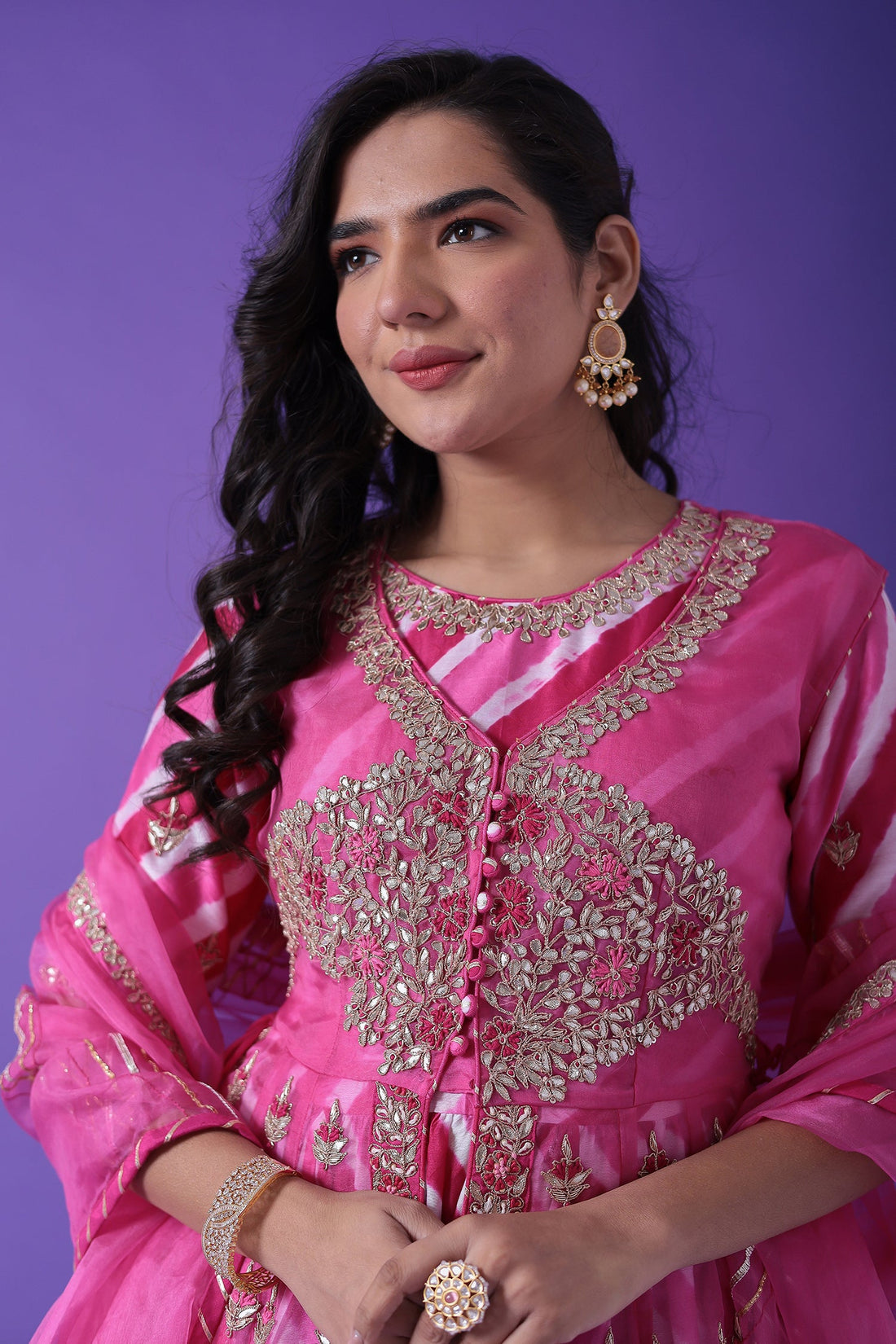 Peplum Leheriya Organza Suit Embroidered with Gota Patti work