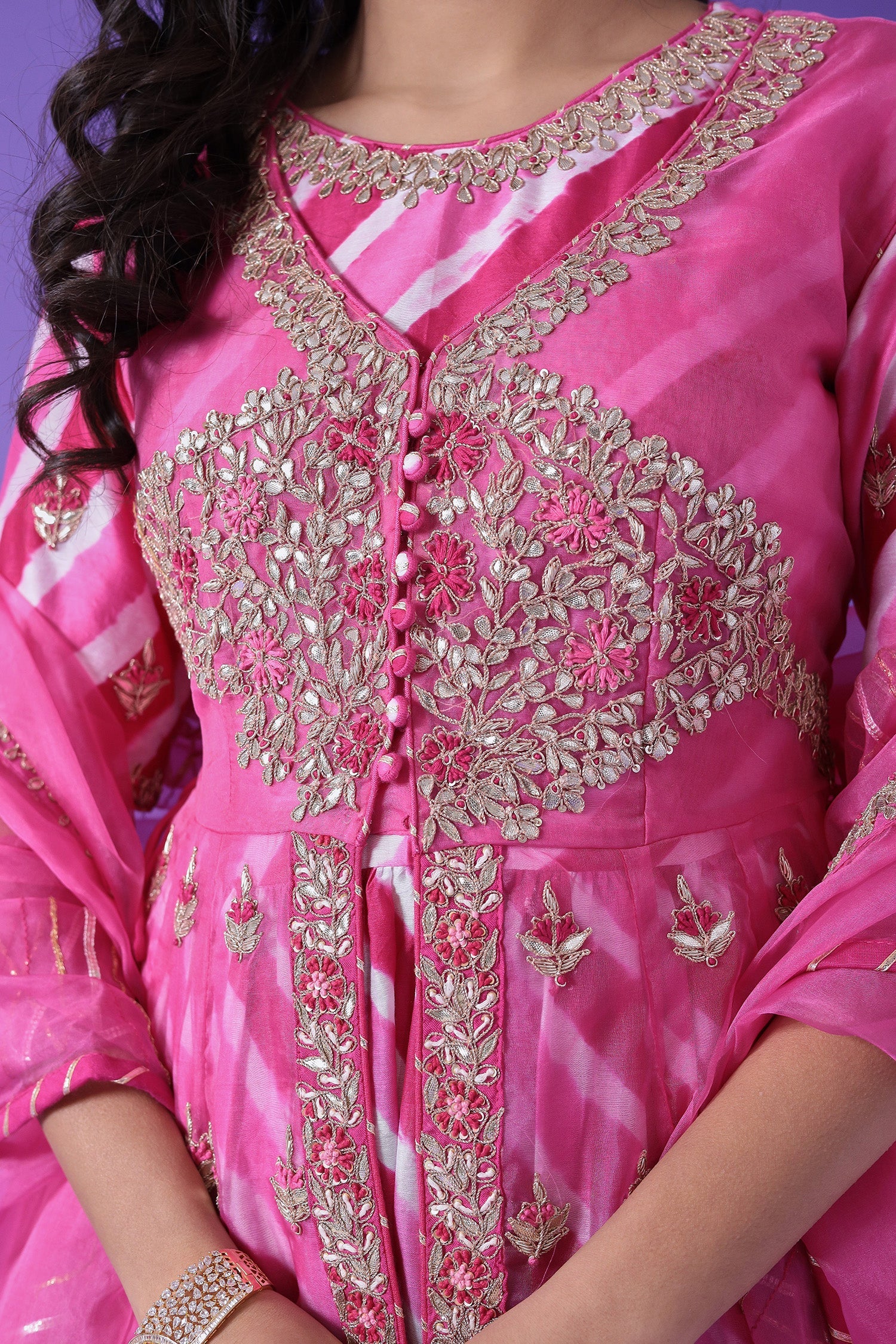 Peplum Leheriya Organza Suit Embroidered with Gota Patti work