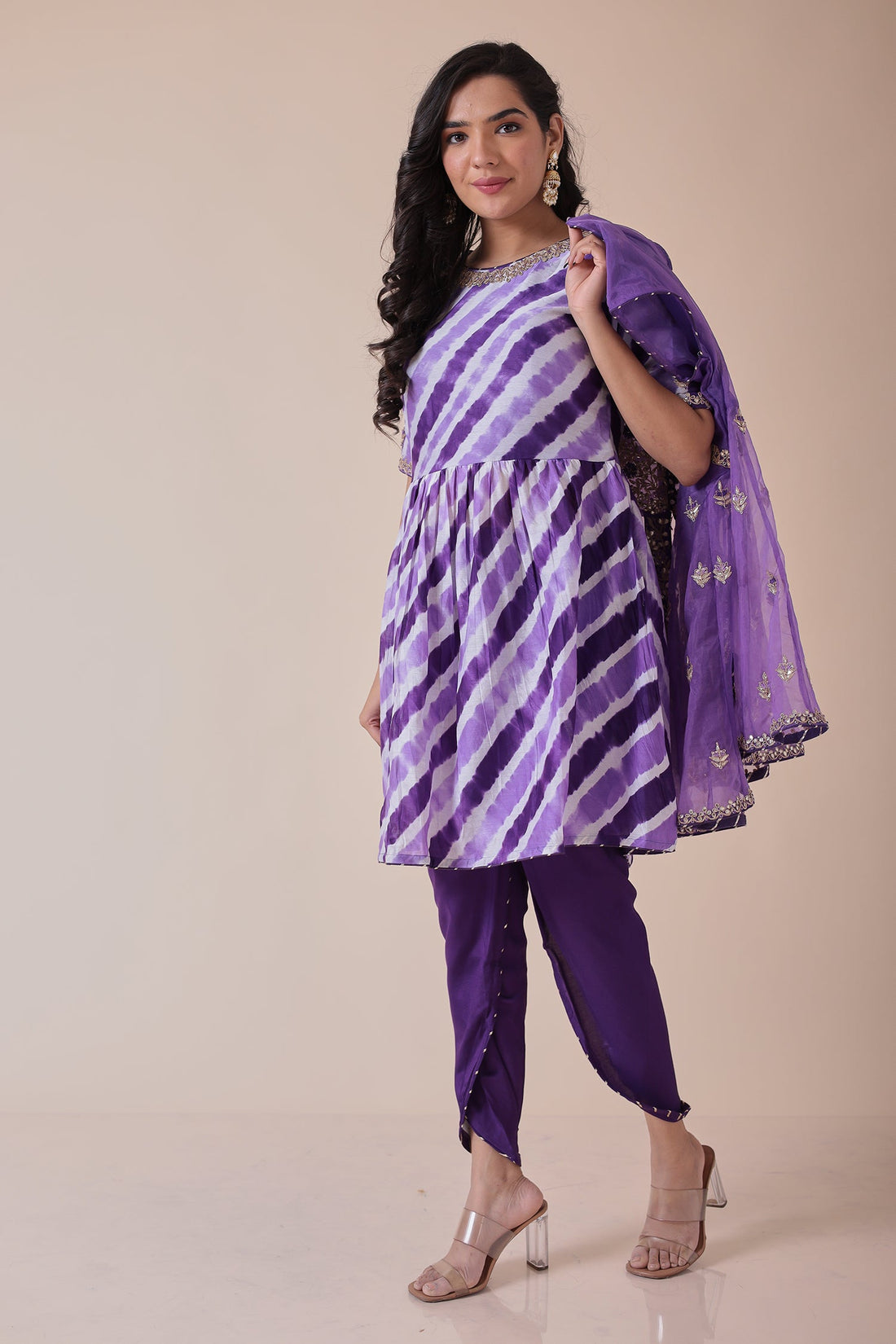 Peplum Leheriya Organza Suit Embroidered with Gota Patti work