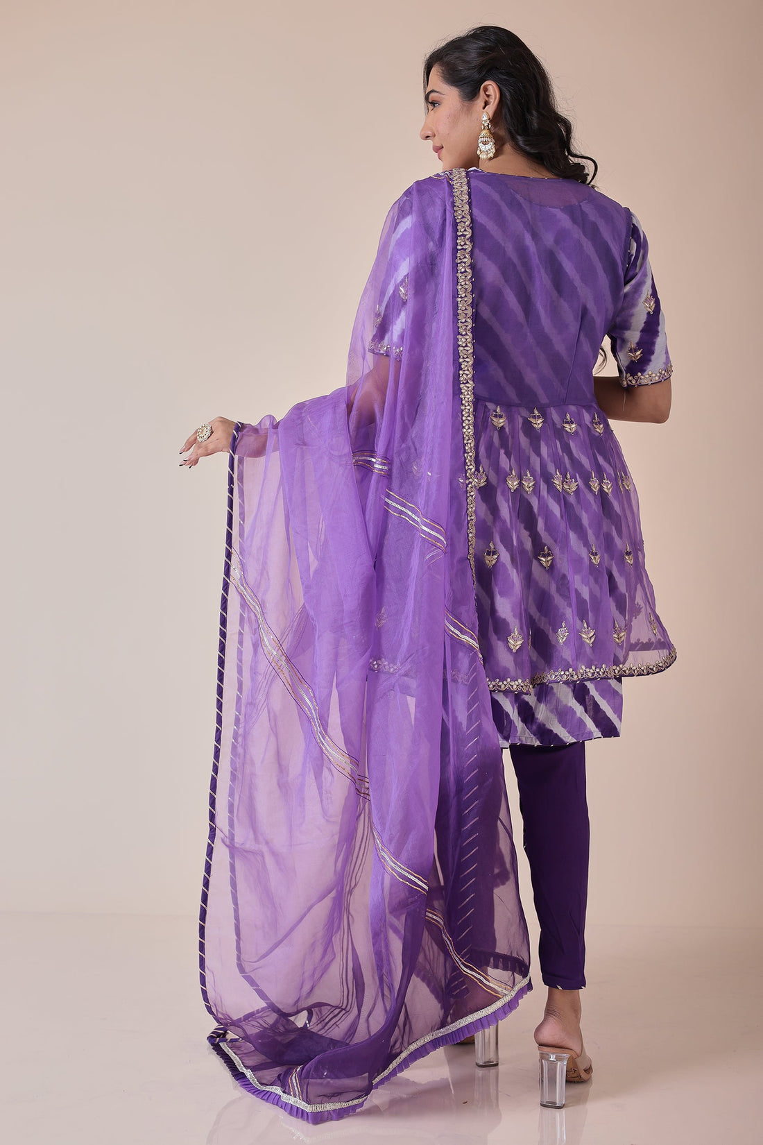 Peplum Leheriya Organza Suit Embroidered with Gota Patti work