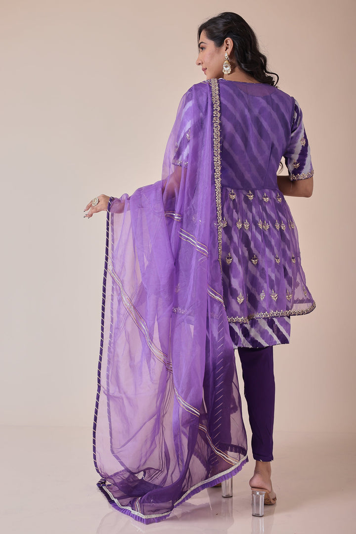 Peplum Leheriya Organza Suit Embroidered with Gota Patti work