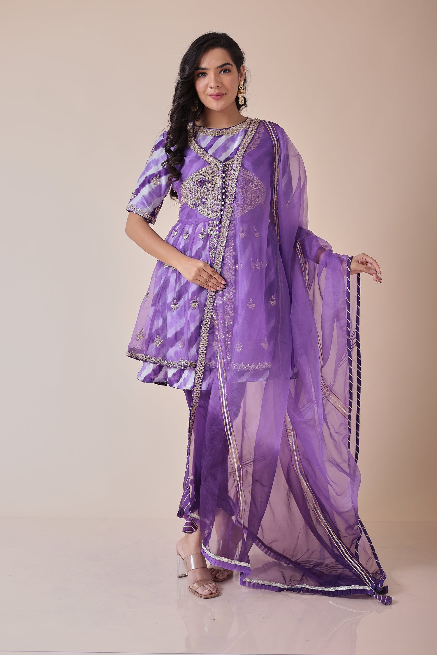Peplum Leheriya Organza Suit Embroidered with Gota Patti work