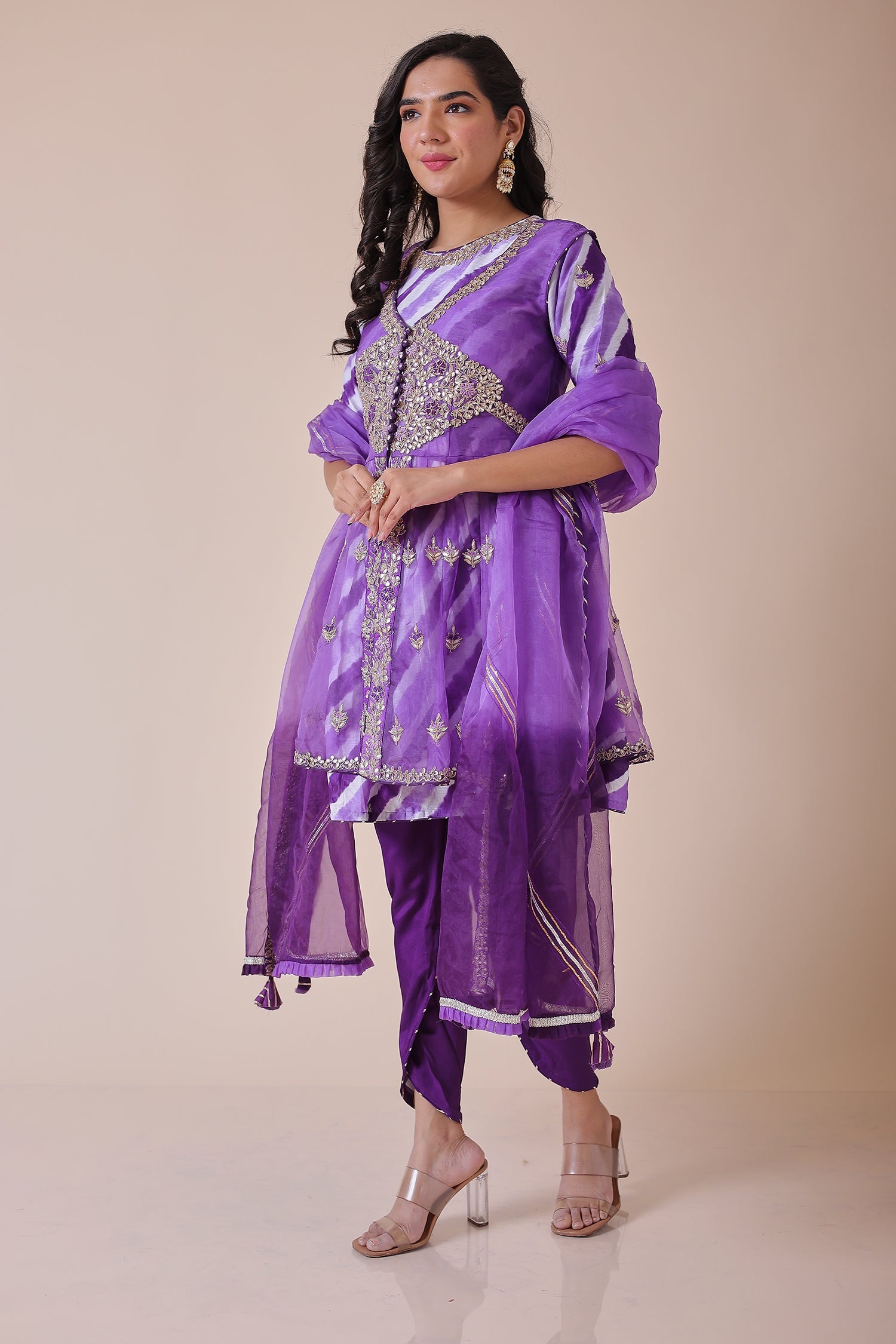 Peplum Leheriya Organza Suit Embroidered with Gota Patti work