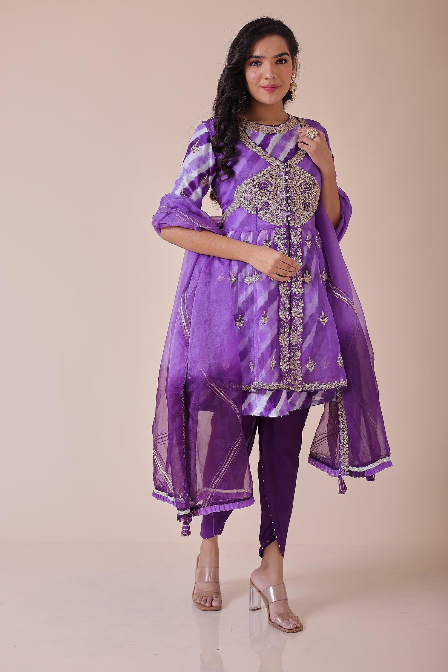 Peplum Leheriya Organza Suit Embroidered with Gota Patti work