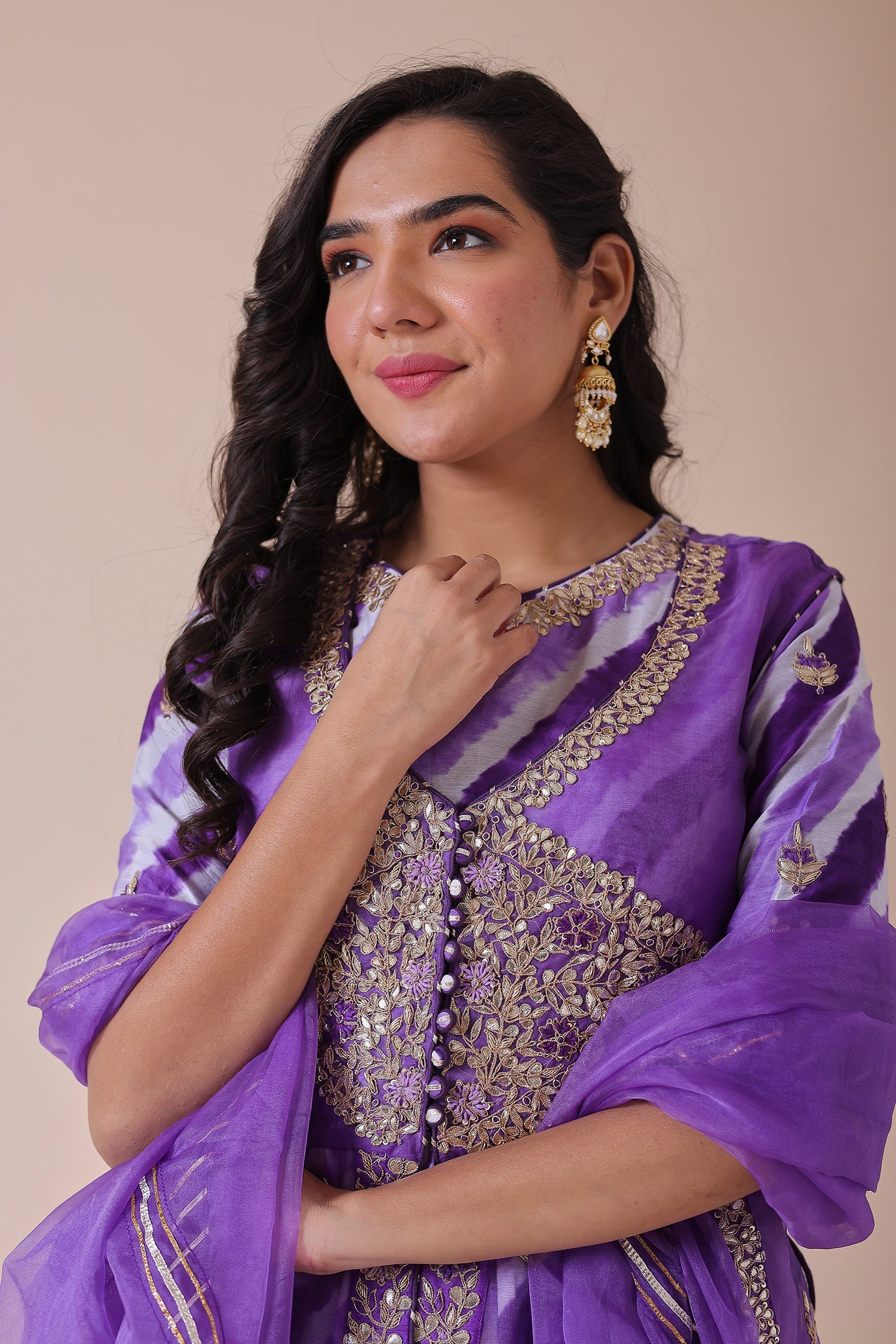 Peplum Leheriya Organza Suit Embroidered with Gota Patti work