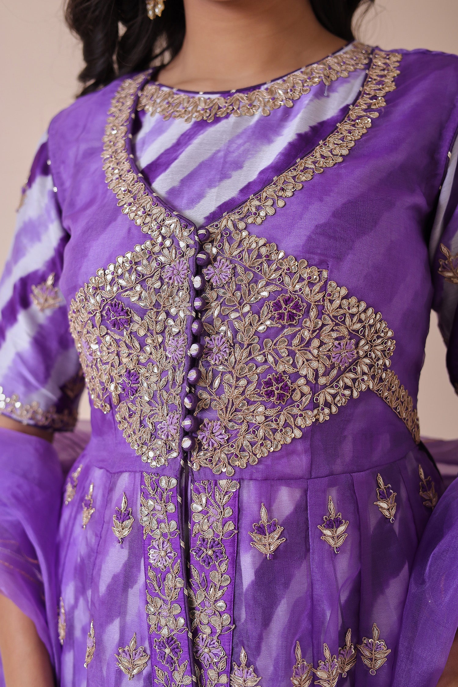 Peplum Leheriya Organza Suit Embroidered with Gota Patti work