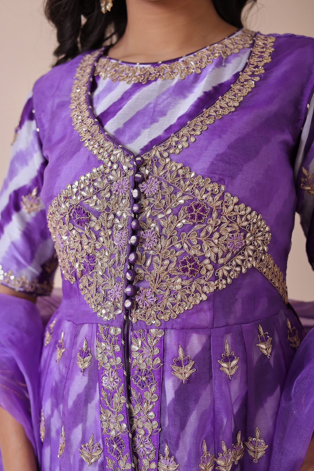 Peplum Leheriya Organza Suit Embroidered with Gota Patti work