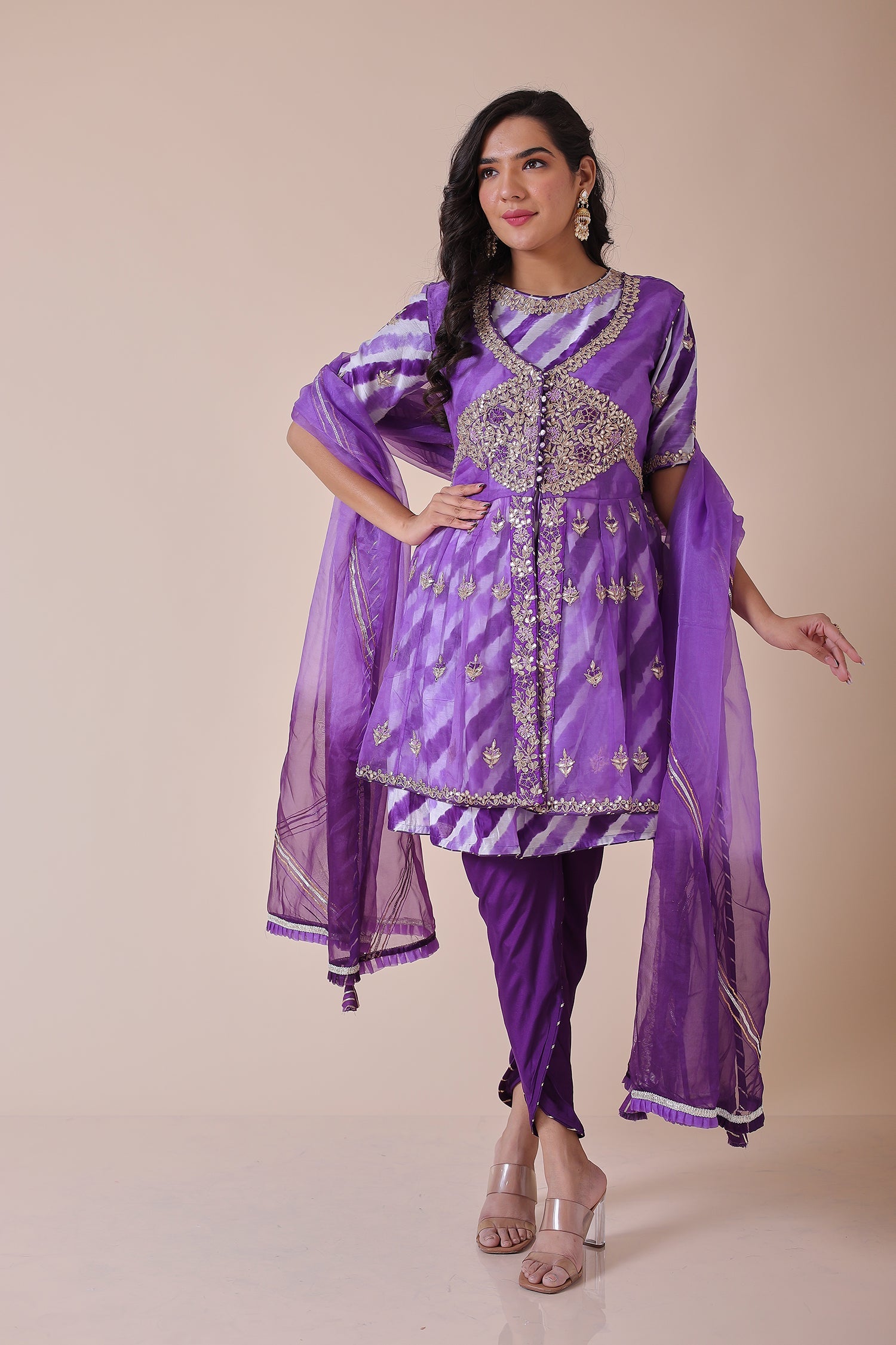 Peplum Leheriya Organza Suit Embroidered with Gota Patti work