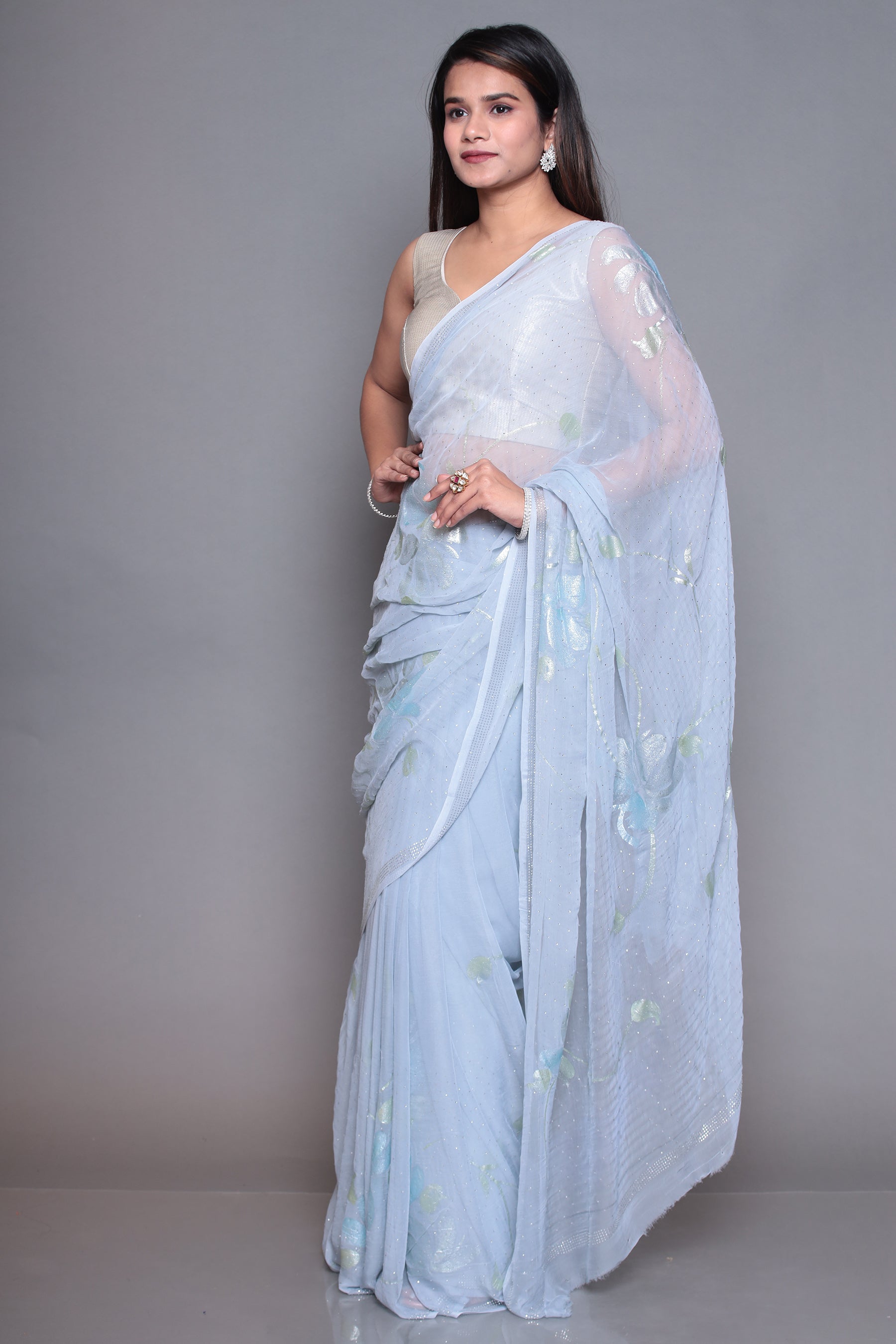 Printed Chiffon Saree with Swarovski work.