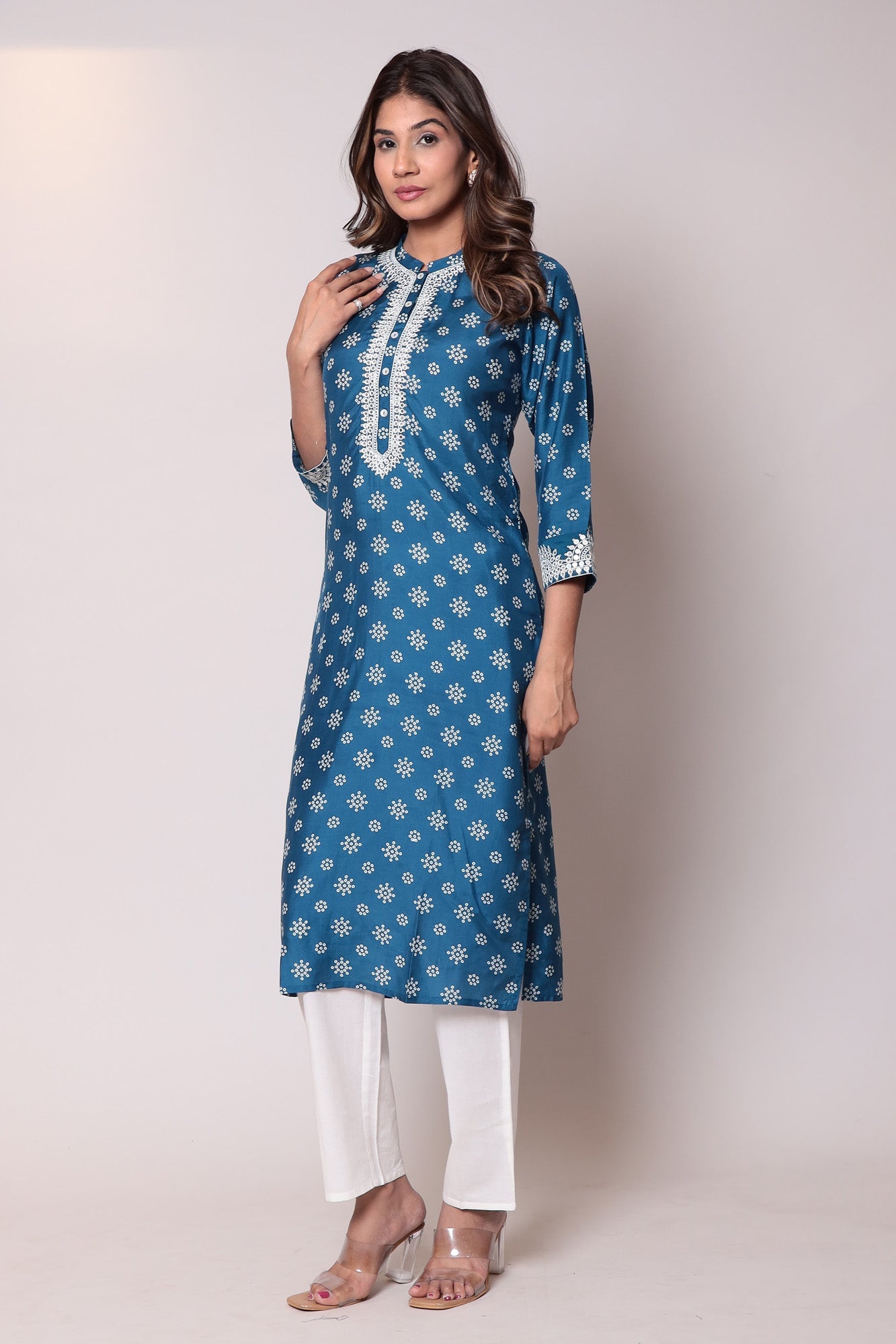 Bandhej Chanderi Straight Kurta with Thread work.