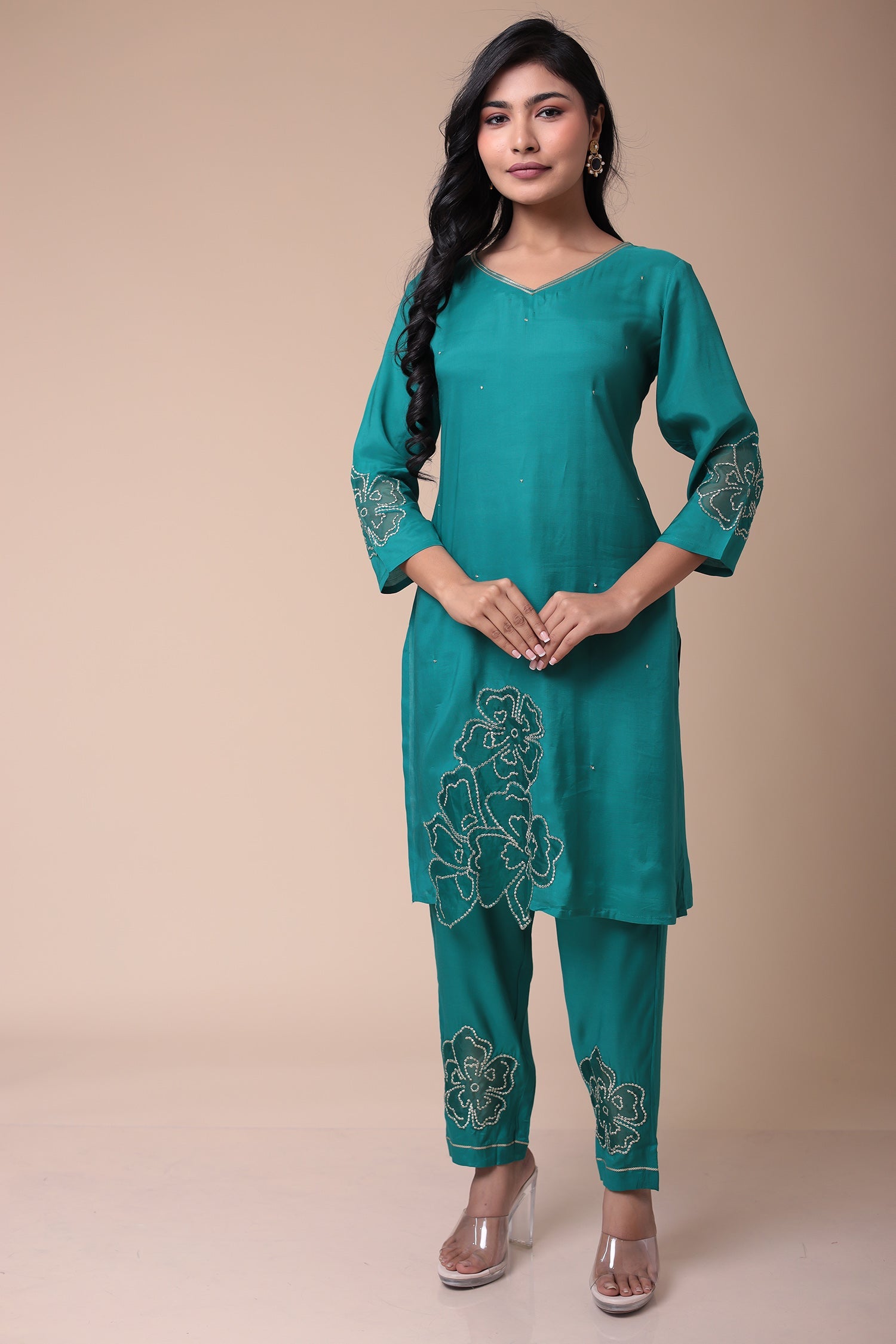 Embroidered Silk Blend Kurta Set with Sequins work