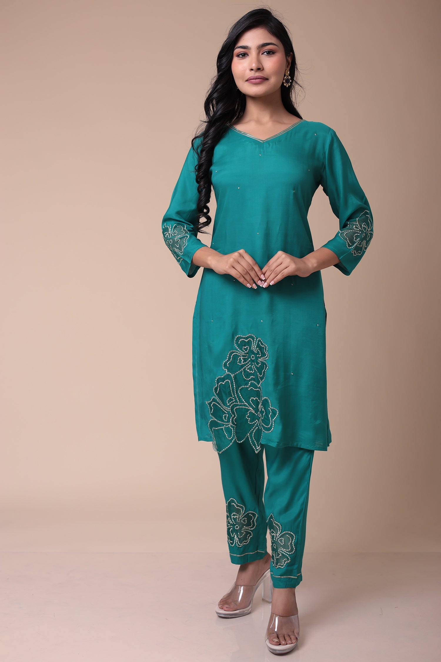 Embroidered Silk Blend Kurta Set with Sequins work
