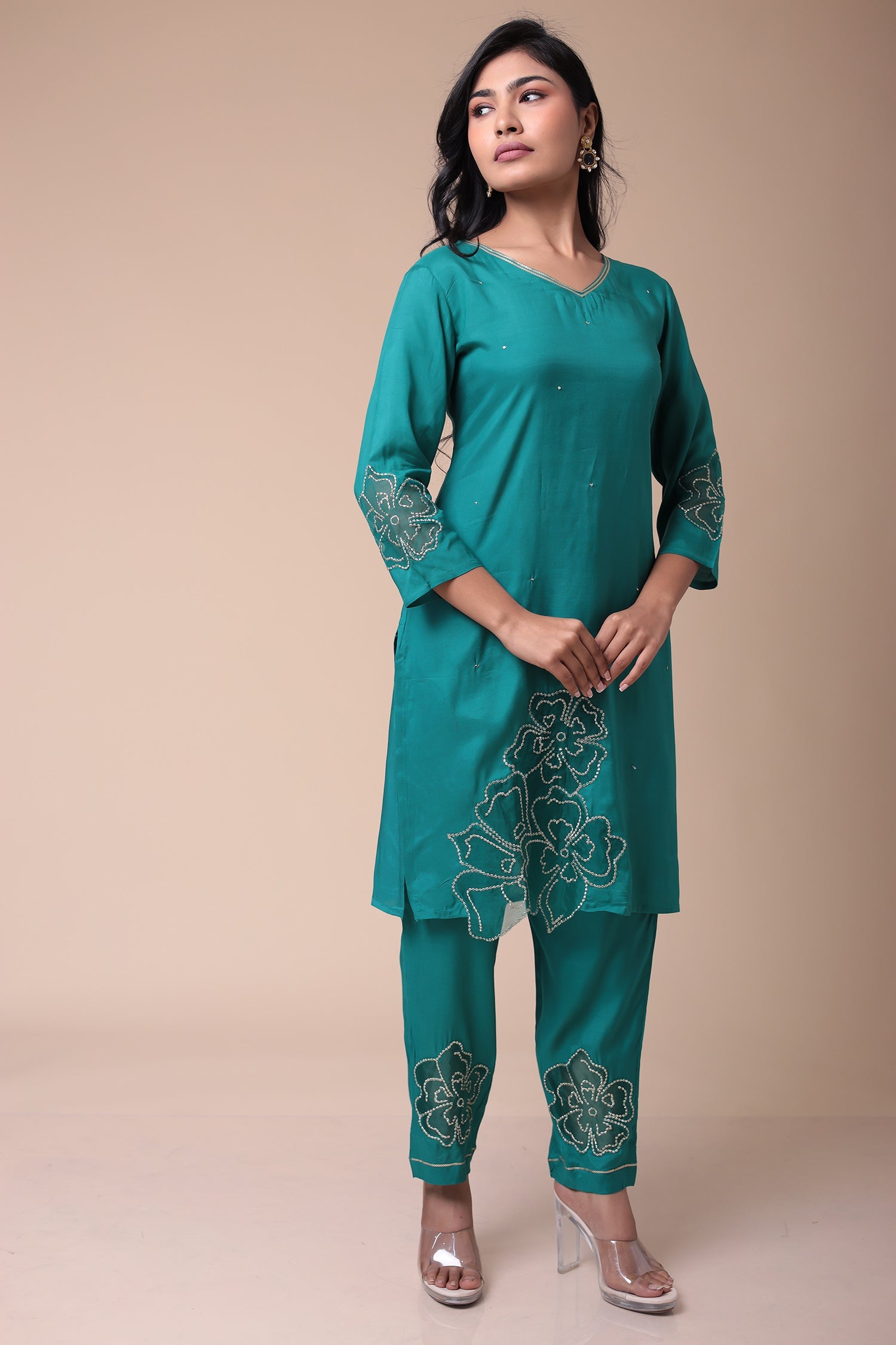 Embroidered Silk Blend Kurta Set with Sequins work