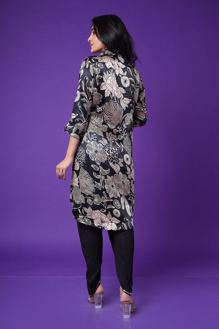 Printed Satin Silk Kurta with Embroidered work