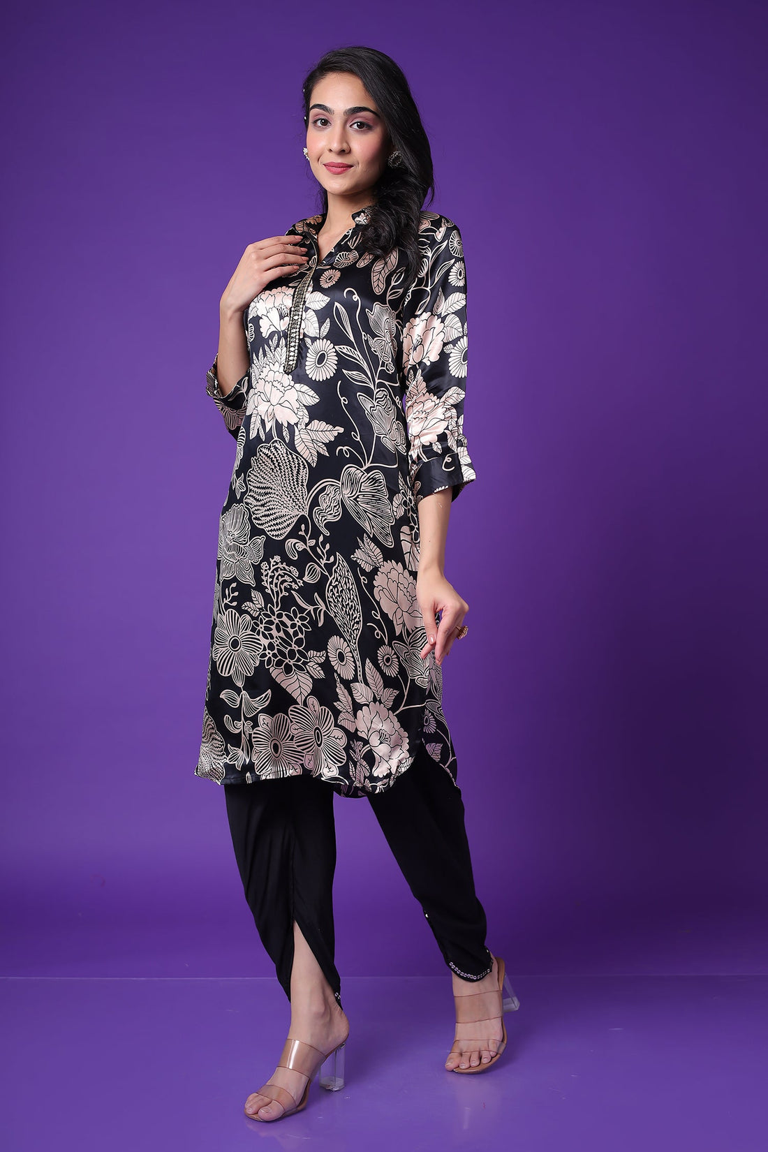 Printed Satin Silk Kurta with Embroidered work