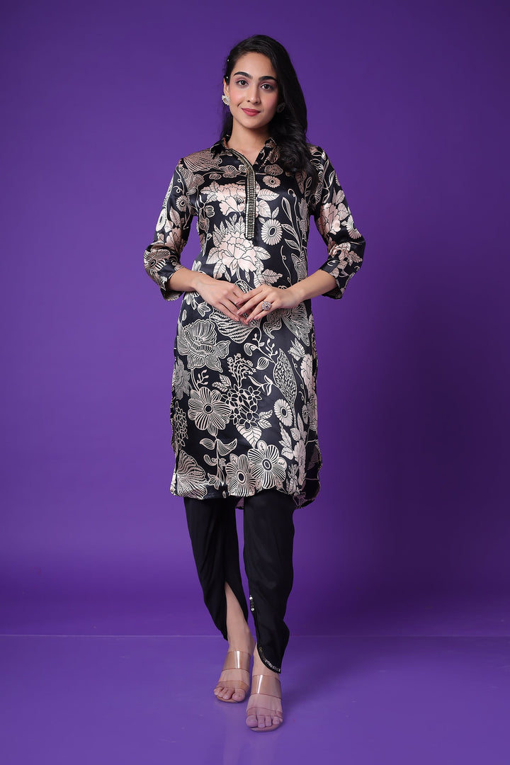 Printed Satin Silk Kurta with Embroidered work
