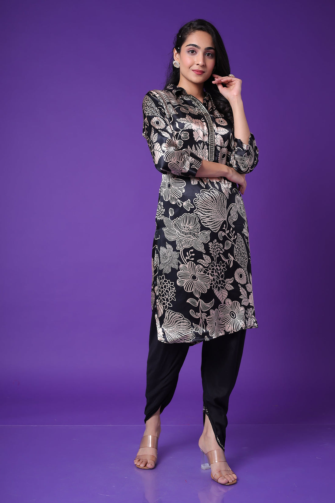 Printed Satin Silk Kurta with Embroidered work