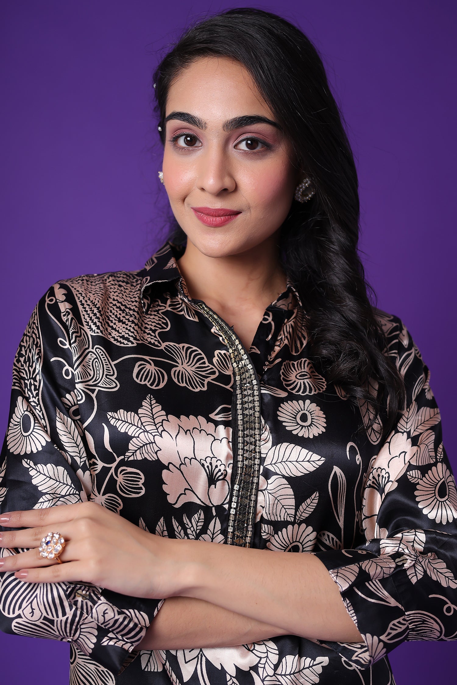 Printed Satin Silk Kurta with Embroidered work