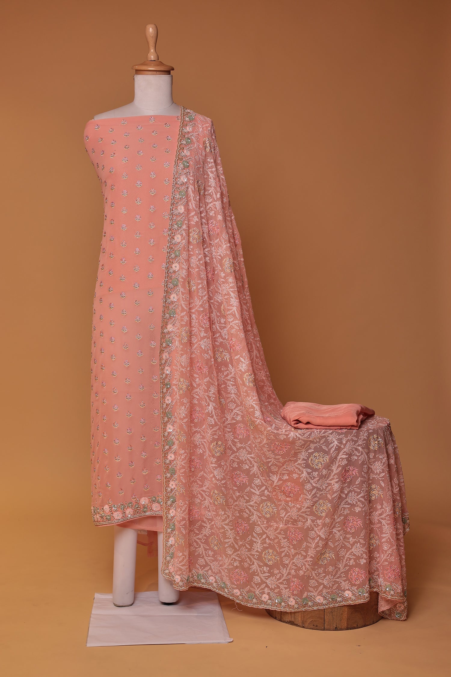 Georgette Unstitched Suit with Pearl, Sequins and Thread work