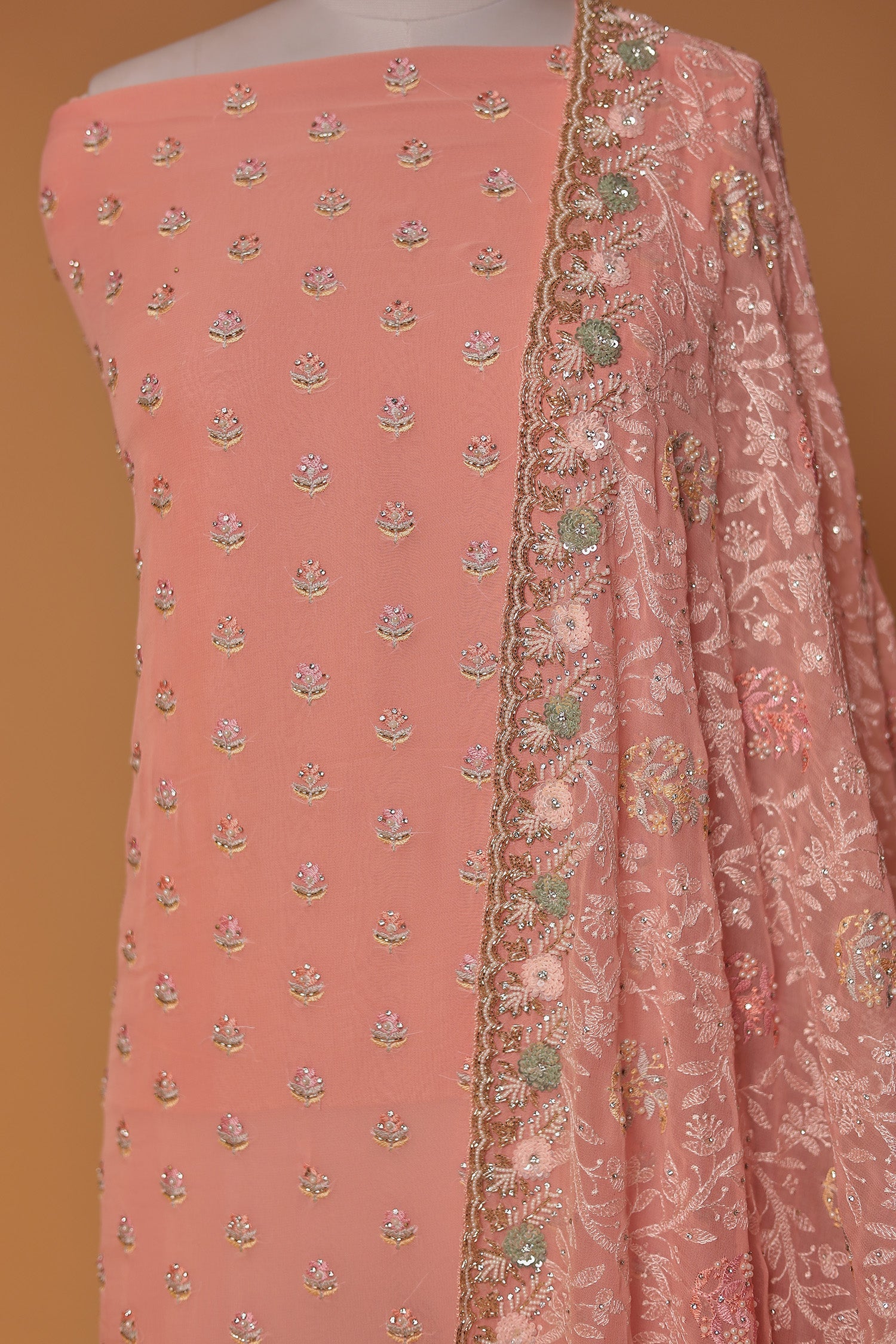 Georgette Unstitched Suit with Pearl, Sequins and Thread work